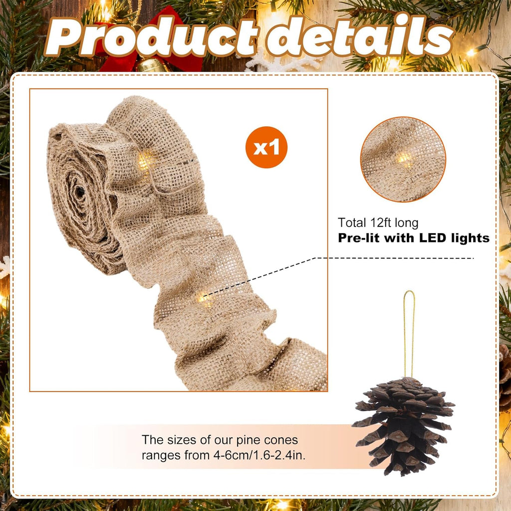 Tudomro 25 Pcs Woodland Christmas Ornaments Set 10 Plush Forest Animal Christmas Ornament 14 Pine Cones Decoration 12 ft Lighted Burlap Ribbon Garland for Xmas Tree Country Rustic Farmhouse Decor