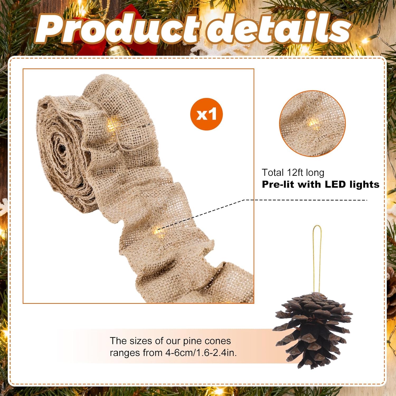 Tudomro 25 Pcs Woodland Christmas Ornaments Set 10 Plush Forest Animal Christmas Ornament 14 Pine Cones Decoration 12 ft Lighted Burlap Ribbon Garland for Xmas Tree Country Rustic Farmhouse Decor