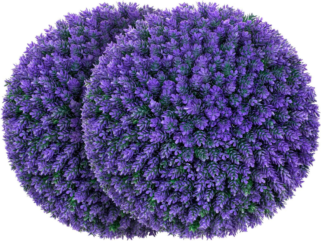 16.7 Inch Artificial Pine Cone Topiary Balls Set of 2, Purple Boxwood Balls with 7 Layers Leaves UV Protection Faux Evergreen Plants Outside Decor for Porch Garden Backyard