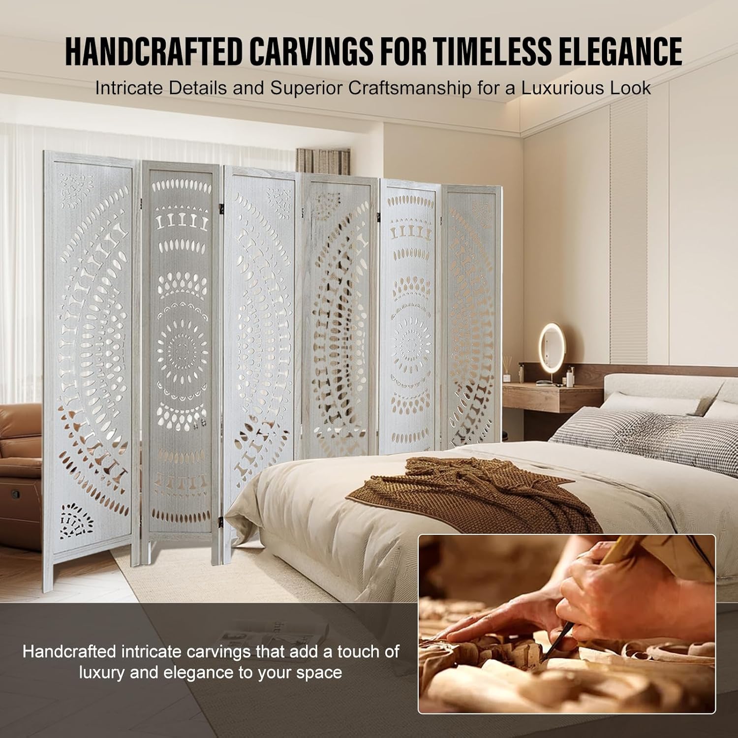 6 Panel Wood Room Divider Fully Assembled, Decorative Room Dividers and Folding Screens, 5.6Ft Room Divider Screen Freestanding Partition Wall Dividers for Home Bedroom Office, White