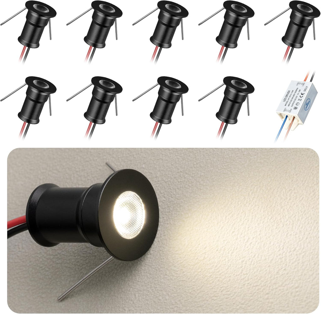 902 30°Led Mini Spotlight DC12V 1W,Suitable for bookcases,cabinets,and Various Display cabinets as Decorative Lights,Embedded Installation,Soft Lighting,with Power Supply (4000K,Black,9Pack)