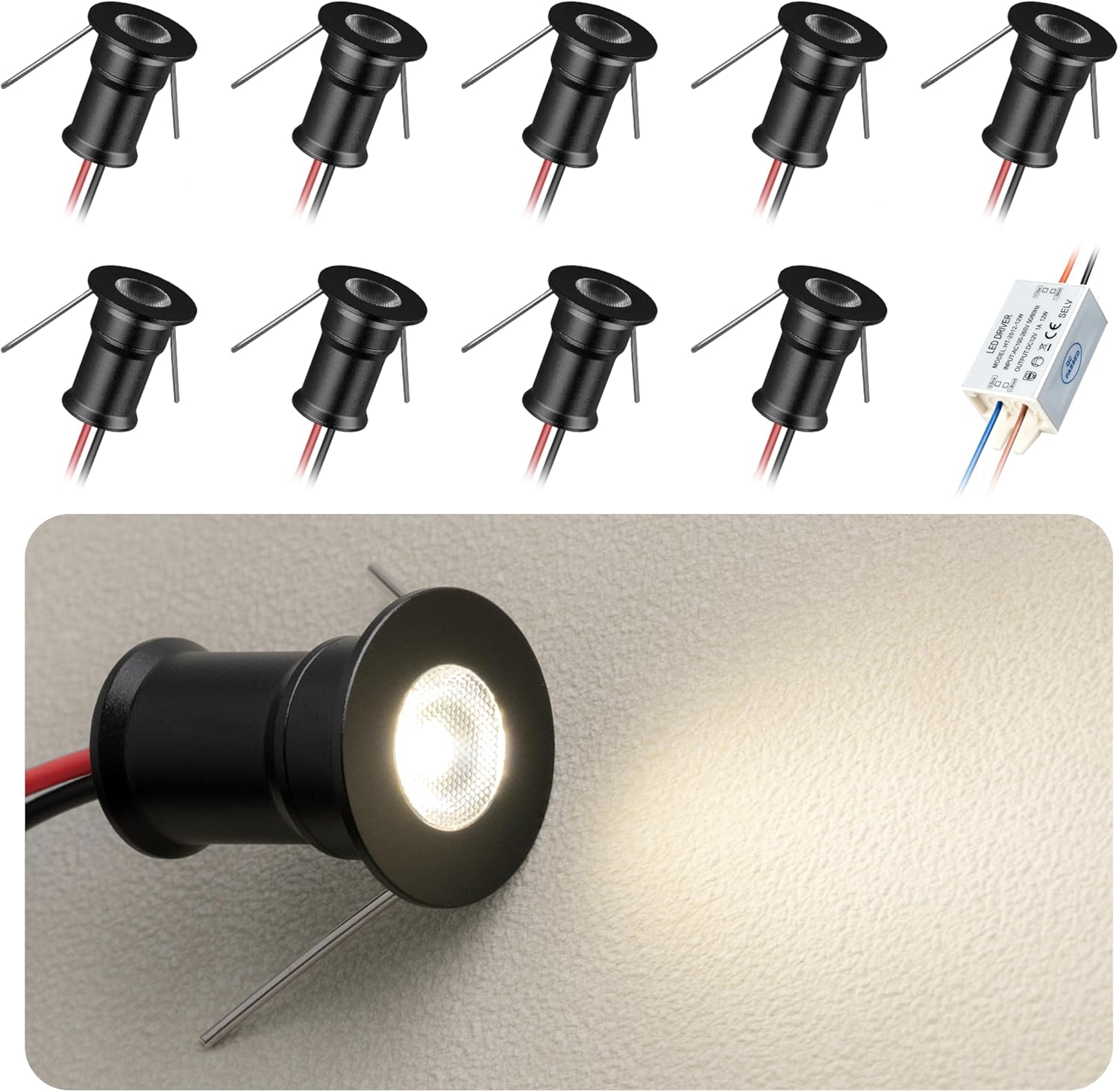 902 30°Led Mini Spotlight DC12V 1W,Suitable for bookcases,cabinets,and Various Display cabinets as Decorative Lights,Embedded Installation,Soft Lighting,with Power Supply (4000K,Black,9Pack)