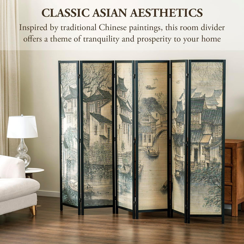 MyGift 6 Panel Room Divider Privacy Partition with Dual-Sided Vintage Asian Water Village Ink Brushed Print Design, 6FT Black Wood Framed Decorative Artwork Folding Screen 94.6''W x 68.9''H