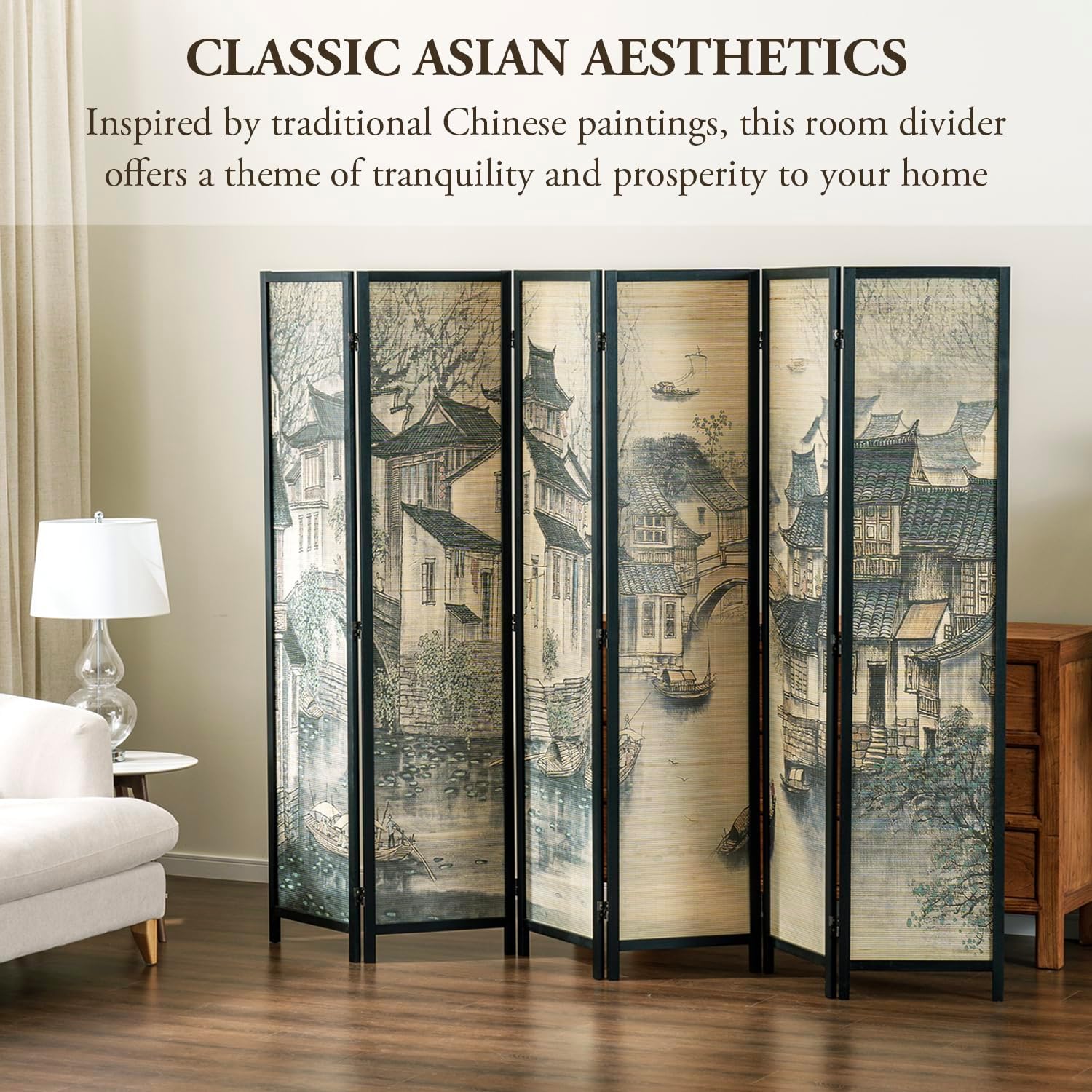 MyGift 6 Panel Room Divider Privacy Partition with Dual-Sided Vintage Asian Water Village Ink Brushed Print Design, 6FT Black Wood Framed Decorative Artwork Folding Screen 94.6''W x 68.9''H