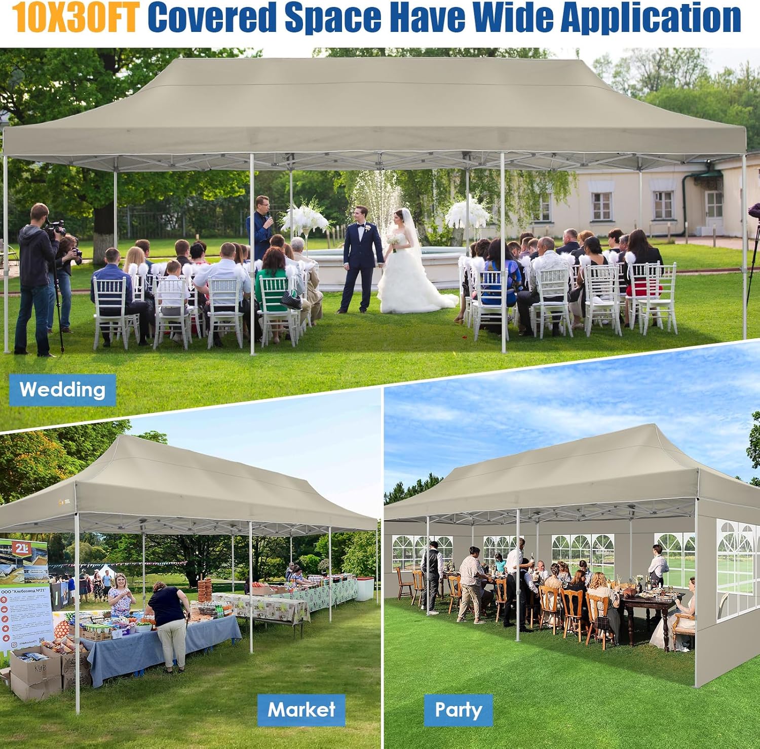 HOTEEL 10x30 Pop up Canopy Tent for Parties, Heavy Duty Easy Setup Tent with 8 Sidewalls, Outdoor Commercial Instant Gazebo for Wedding Event, with Portable Bag & Sand Bags, Khaki(Hexagonal Frame)
