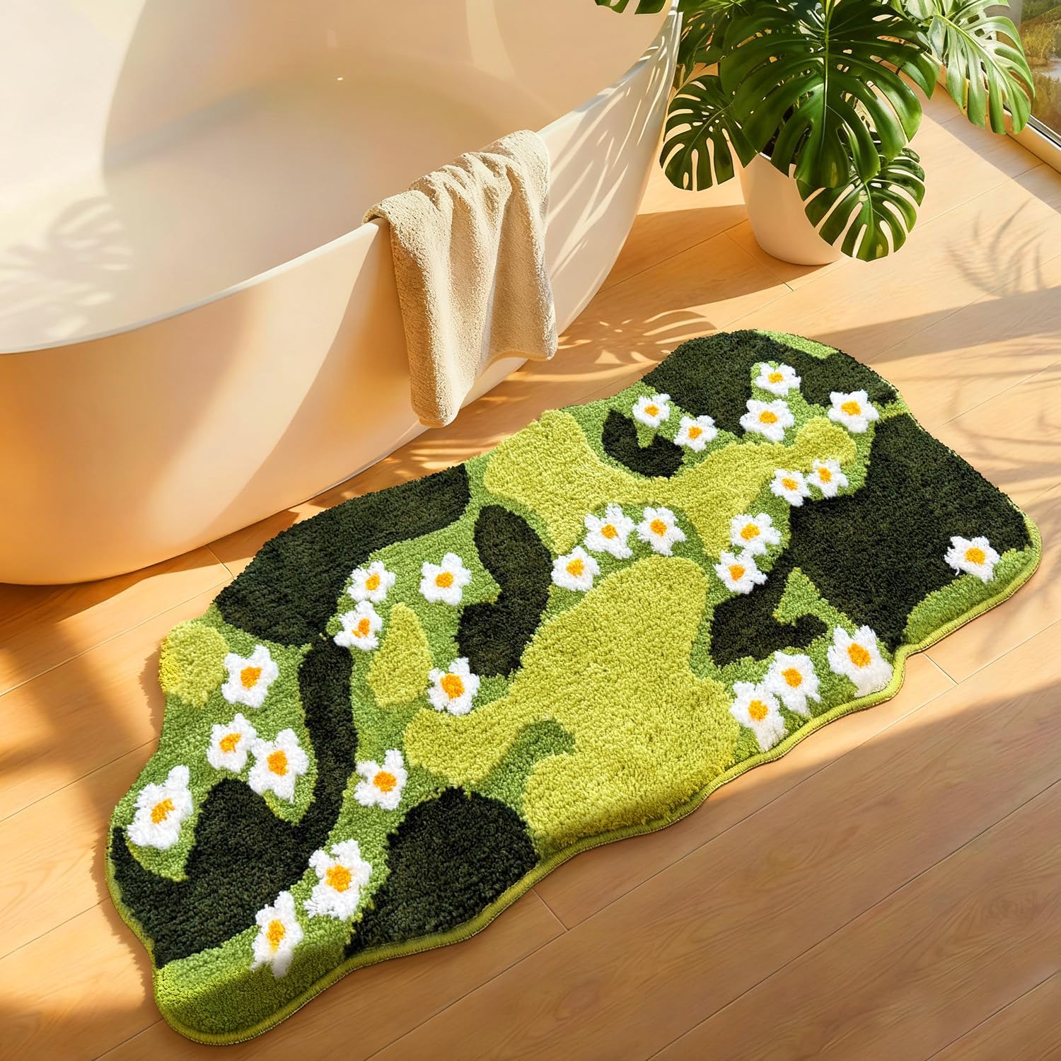 Green Floral Irregular Shaped Rug, Runner, Ultra Thick Soft Microfiber Bath Mat, Water Absorbent Non-Slip Shower Floor Decor, Aesthetic Trendy Rugs for Bedroom, 43x20 Inches