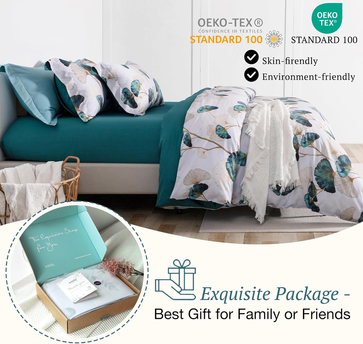 MILDLY 100% Long-Staple Cotton Duvet Cover Set Teal Green Gingko Leaf Pattern Printed Comforter Cover 3pcs, Ultra Soft & Breathable Bedding Set