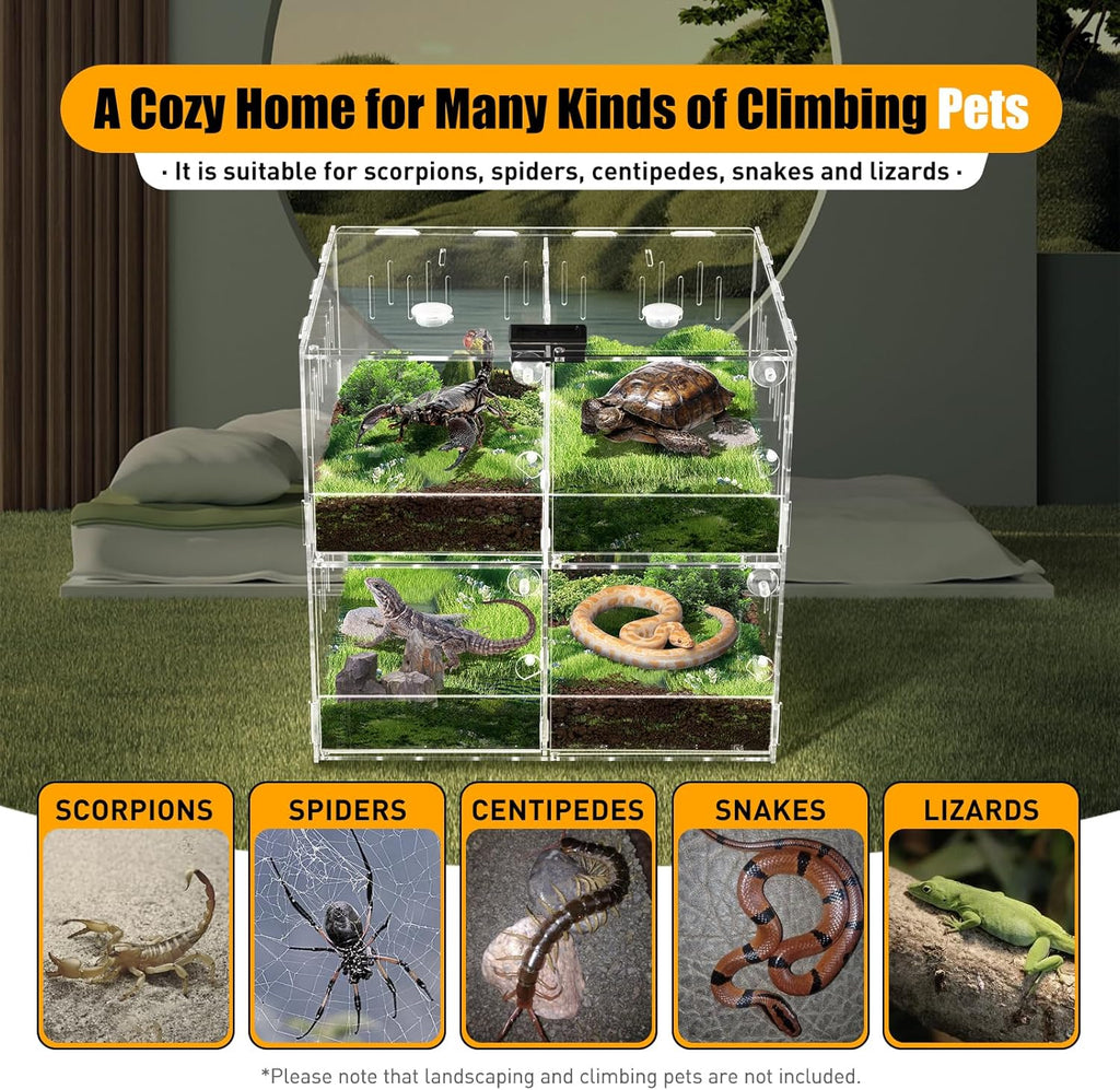 Acrylic Reptile Terrarium, 4 Grid Clear Tank with Ventilation Holes,4 Grids Cage Enclosure Box Enclosure Reptile Pet Display Containers Front Opening Design for Snakes, Spiders, Beetles