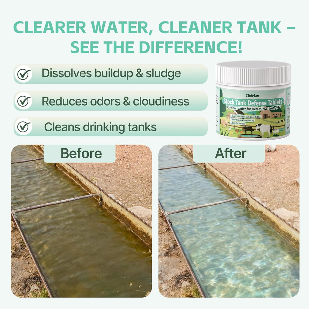 Stock Tank Defense Tablets–Stock Tank Clarifier for Livestock Water Troughs–Dissolves Sludge, Cleans Drinking Tanks, Improves Water Quality–Safe & Easy for Horses, Cattle, Goats & Chickens, 300Count