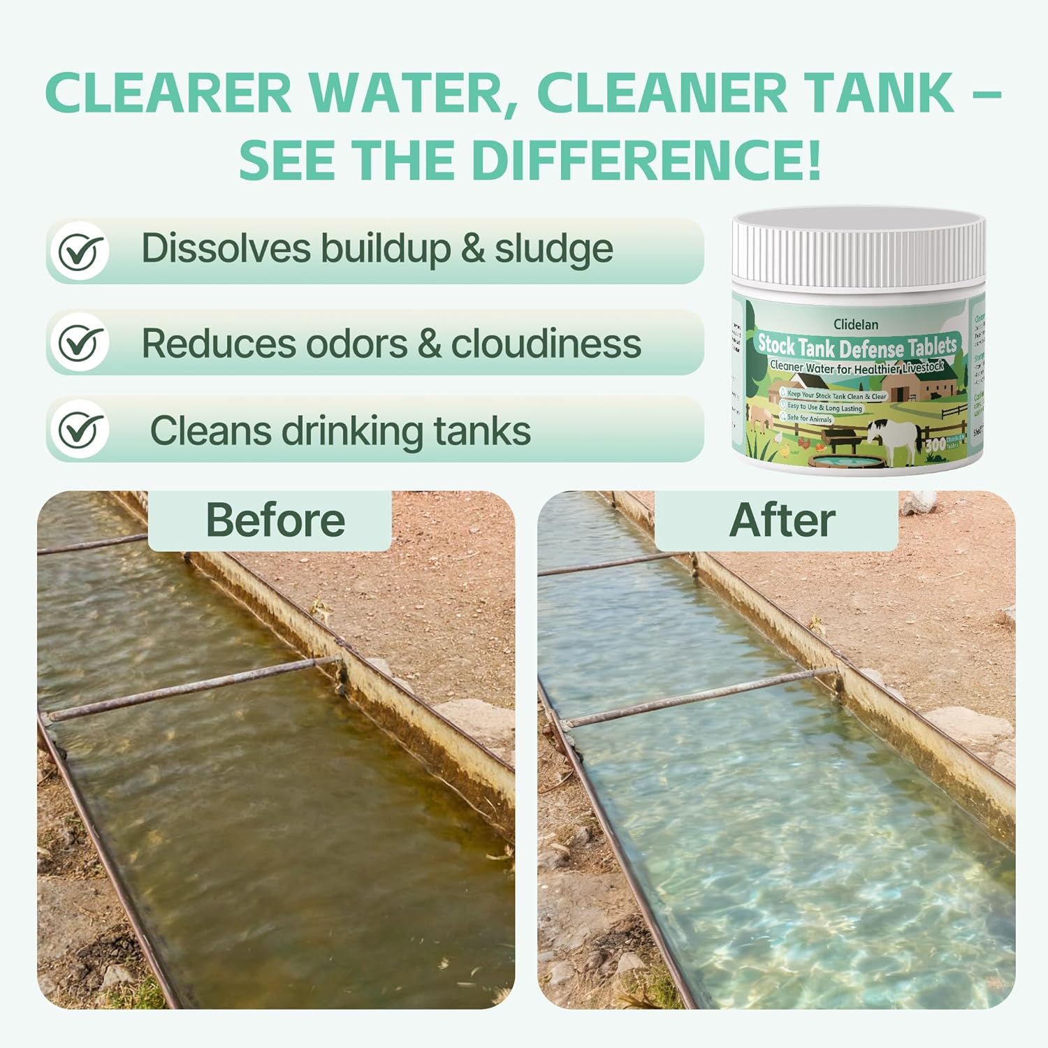 Stock Tank Defense Tablets–Stock Tank Clarifier for Livestock Water Troughs–Dissolves Sludge, Cleans Drinking Tanks, Improves Water Quality–Safe & Easy for Horses, Cattle, Goats & Chickens, 300Count