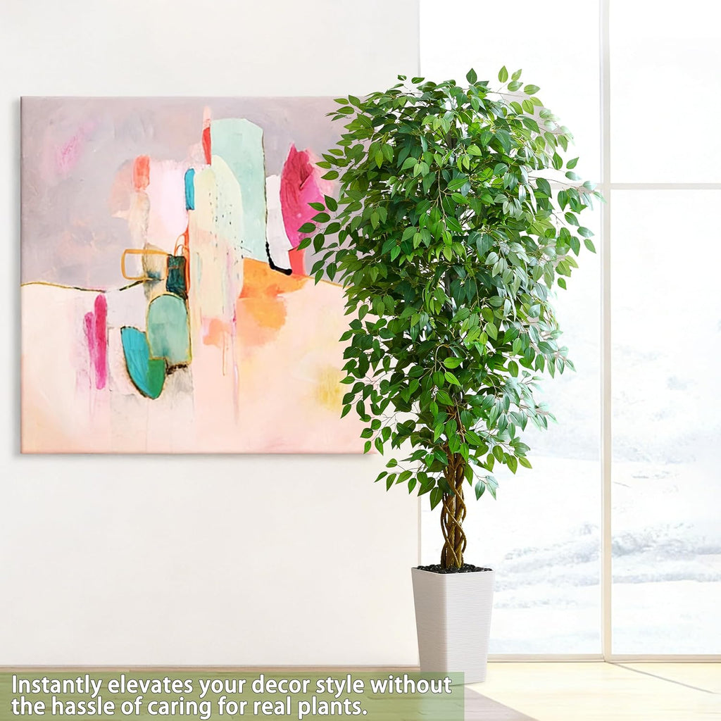 Artificial Ficus Tree 7FT Faux Floor Tree with Planter UV Resistant Potted Fake Silk Plant, Real Wood Trunk-Indoor Outdoor Lifelike Fake Ficus Tree for Home, Living Room Bedroom Topiary Tree