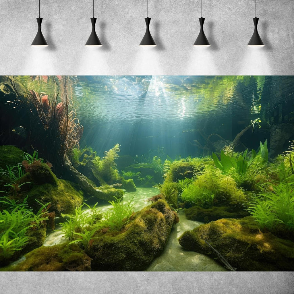 Underwater Aquarium Background Underwater Aquatic Plants with Sunbeams Fish Tank Background Rock with Lush Moss Terrarium Background Aquarium Backdrop For Tank Decorations Poster Vinyl 48x24in