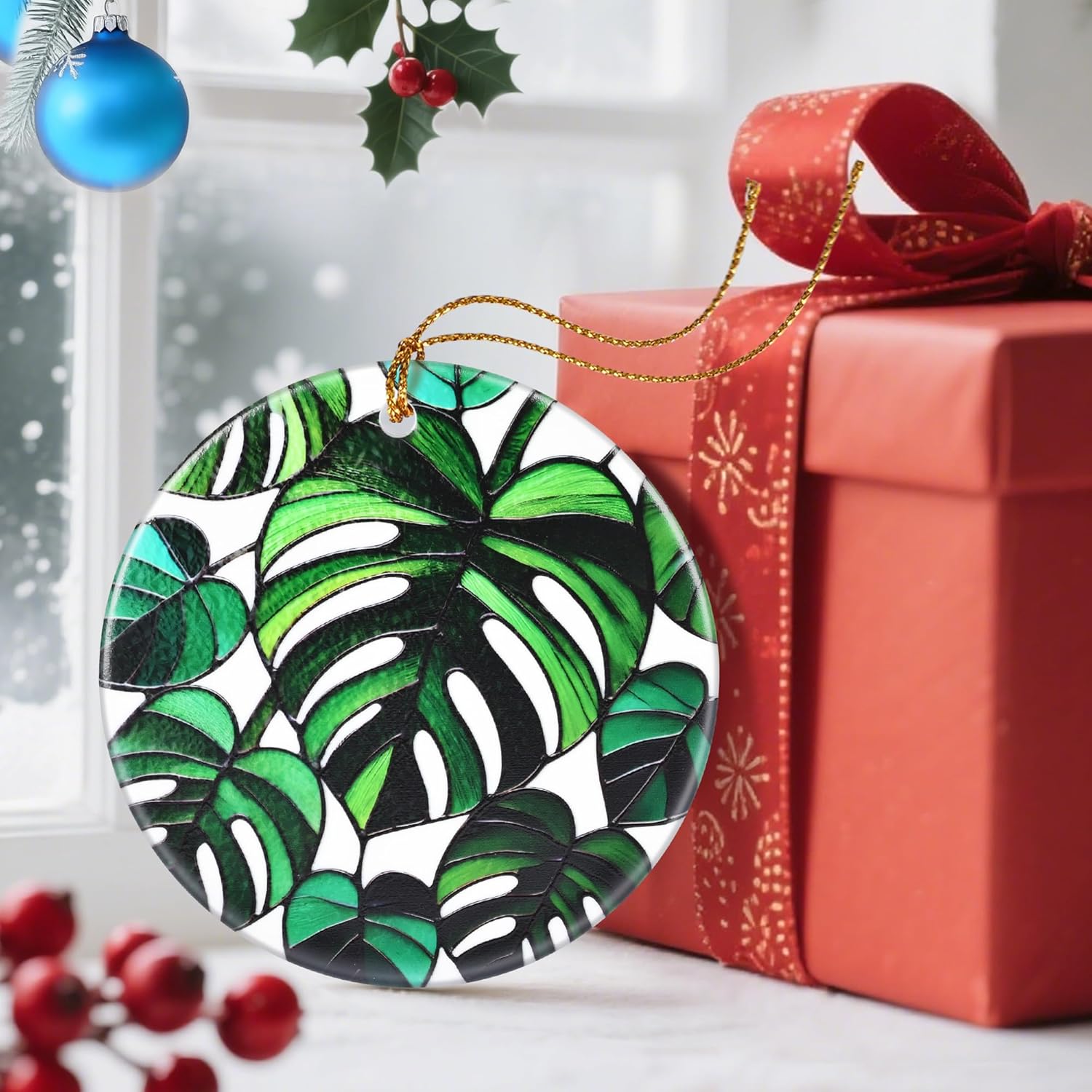 Christmas Ornaments, Dodosky 2.8in Ceramic Monstera Plant Ornament, Xmas Decor, Christmas Tree Ornaments, Xmas Decorations for Tree, Holiday Ornament, Gifts for Plant Lovers, Gifts for Women, Men
