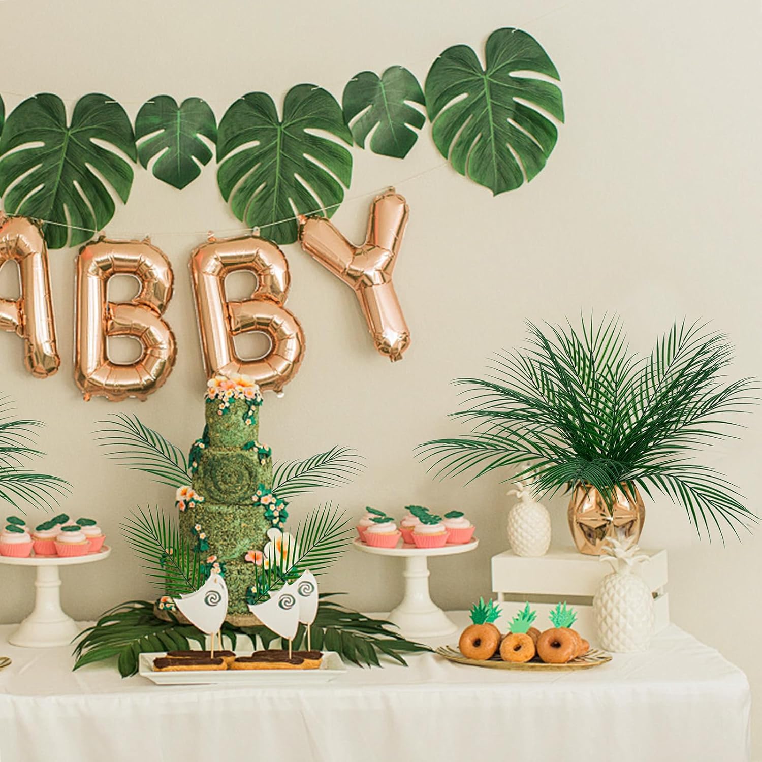 XONOR Artificial Palm Leaves, Fake Tropical Leaves, Faux Palm Leaf with Stem for Jungle Hawaiian Dinosaur Luau Party Table Decoration Wedding Birthday Theme Party Decoration (100Pcs, 16.5'')