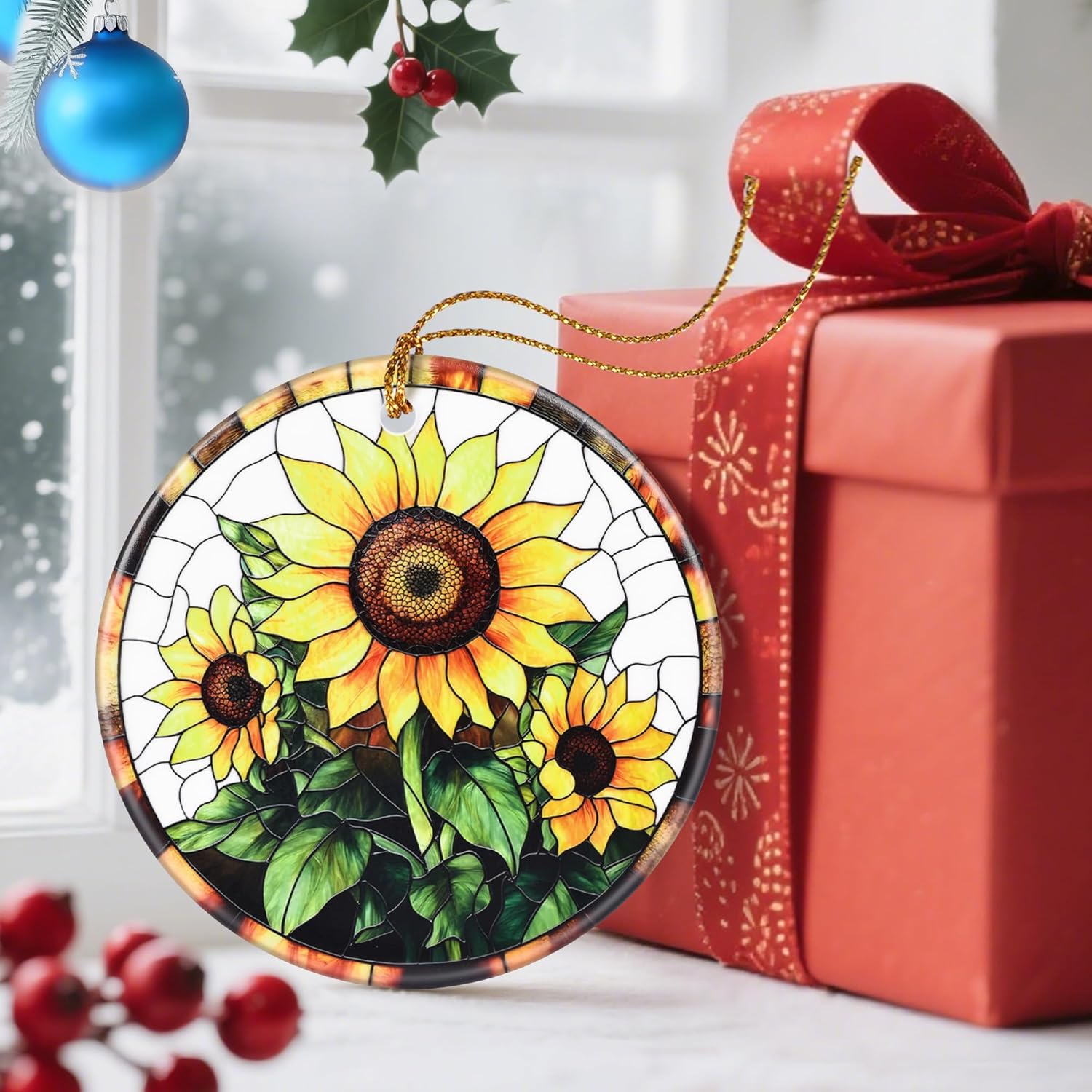 Christmas Ornaments, Dodosky 2.8in Ceramic Sunflower Ornament, Xmas Decor, Christmas Tree Ornaments, Xmas Decorations for Tree, Holiday Ornament, Sunflower Gift, Gifts for Women, Friend, Flower Lovers