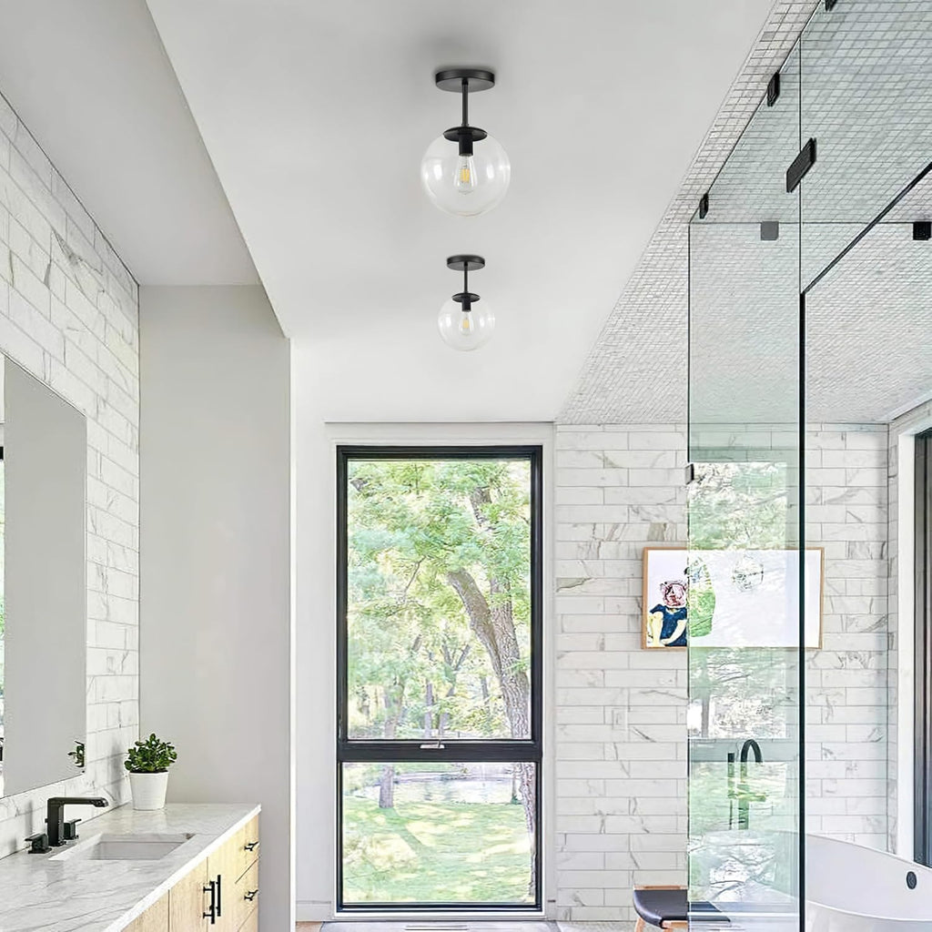 KoKo&Yukina Mid Century Modern Globe Semi Flush Mount Ceiling Light Fixture Clear Glass with Finish Black Globe Ceiling Light for Aisle Porch Stairway Closet Kitchen Laundry Room(Bulb Incl.)