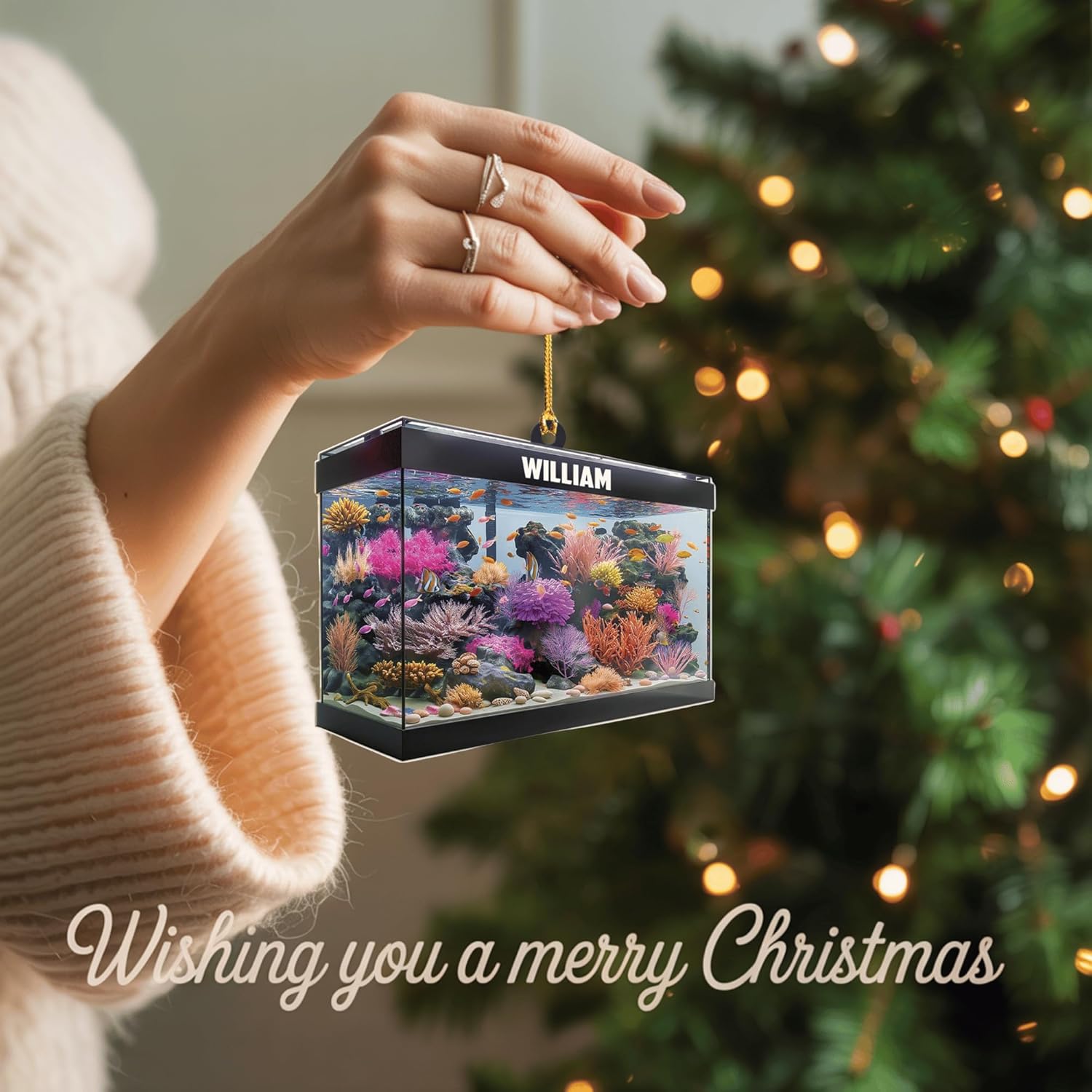 Personalized Aquarium Christmas Ornament - Custom 2D Flat Acrylic Marine Reef Decoration with Name, Stunning Ocean Life Design Gift for Saltwater Enthusiasts
