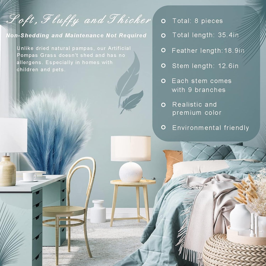 KALYLOC 8Pcs 35.4” Blue Colorful Faux Pampas Grass, Fluffy Artificial Bulrush Branches Boho Decor, Filler Tall Pampas Grass Reed Fluffy Stems for Living Room Wedding Decoration