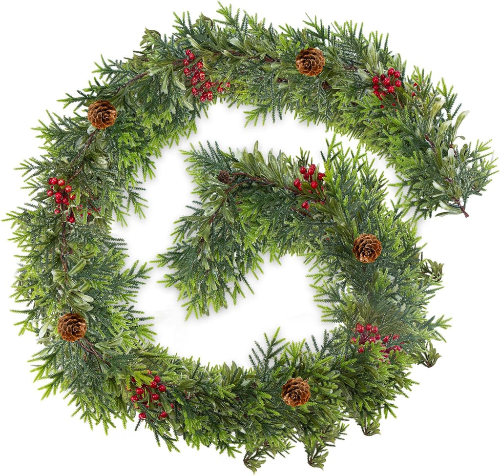 6FT Christmas Garland – Artificial Norfolk Pine Olive Garland with Red Berries, Pinecones & 20 Warm LED Timer Lights – Holiday Garland for Home, Wedding, Party Decorations