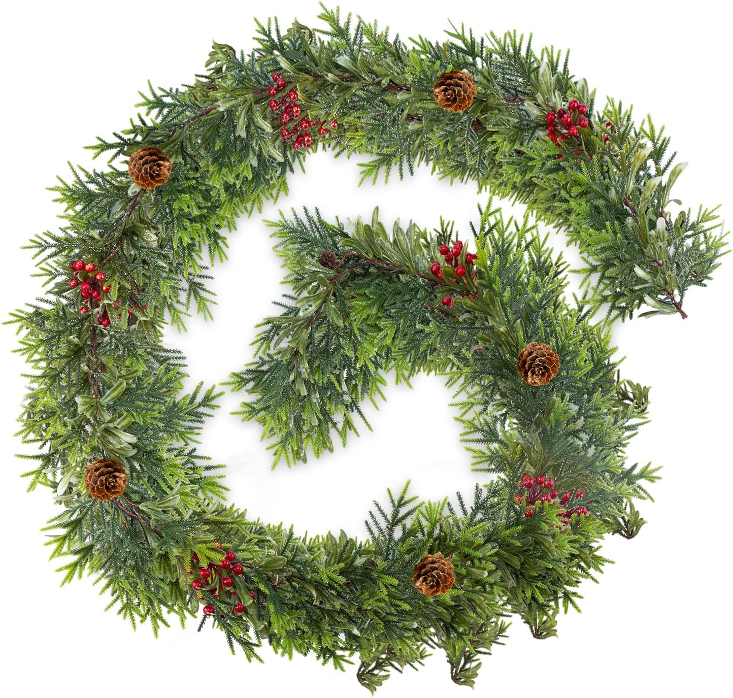 6FT Christmas Garland – Artificial Norfolk Pine Olive Garland with Red Berries, Pinecones & 20 Warm LED Timer Lights – Holiday Garland for Home, Wedding, Party Decorations