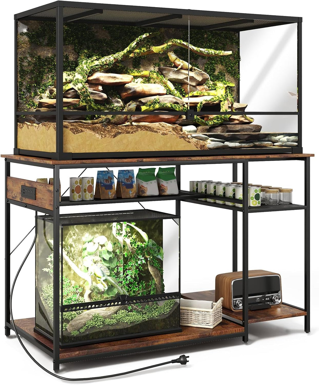 Reptile Tank Stand with Power Outlets，48" X 24" Tabletop Fits up to 120 Gallon Bearded Dragon Enclosure Stand，Double Snake Terrarium Table with Light