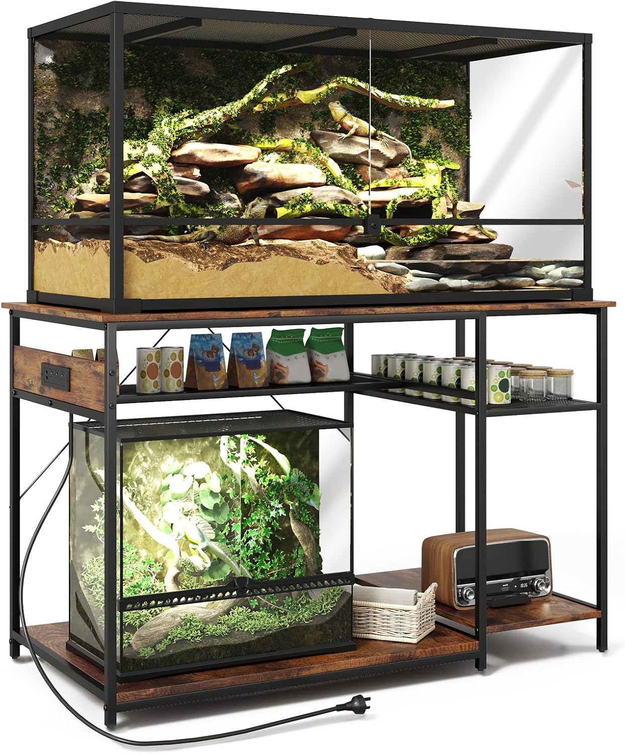 Reptile Tank Stand with Power Outlets，48" X 24" Tabletop Fits up to 120 Gallon Bearded Dragon Enclosure Stand，Double Snake Terrarium Table with Light