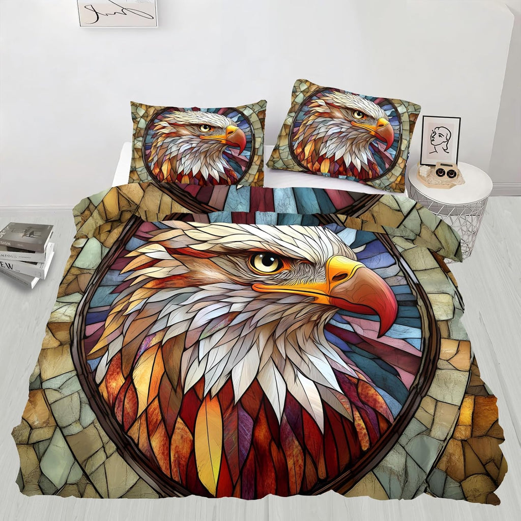 Eagle Duvet Cover Twin Colorful Enamel Glass Eagle Bedding Set 2 Piece for Kids Bedroom Vintage Medieval Comforter Cover with Zipper Ties & 1 Pillowcases