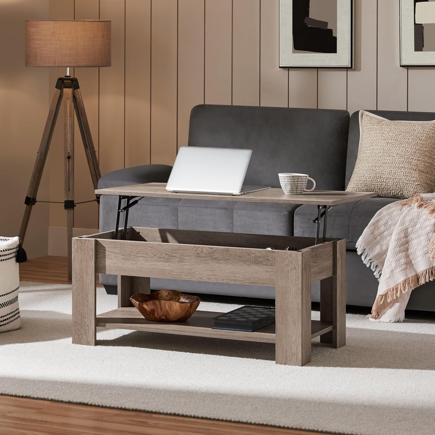 Yaheetech Lift Top Coffee Table with Hidden Compartment and Storage Shelf, Rising Tabletop Dining Table for Living Room Reception Room, 38.6in L, Grey