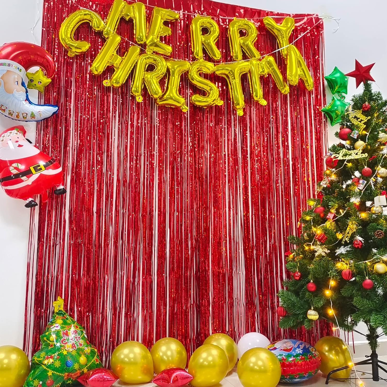 BRAVESHINE Red Tinsel Foil Fringe Curtains - 2Pcs 3.2x8.2ft Holidays Photo Booth Party Backdrop for Christmas/Girl/Birthday/Valentine’s/Bridal/Bachelorette/Anniversary/Engagement/New Years Decorations