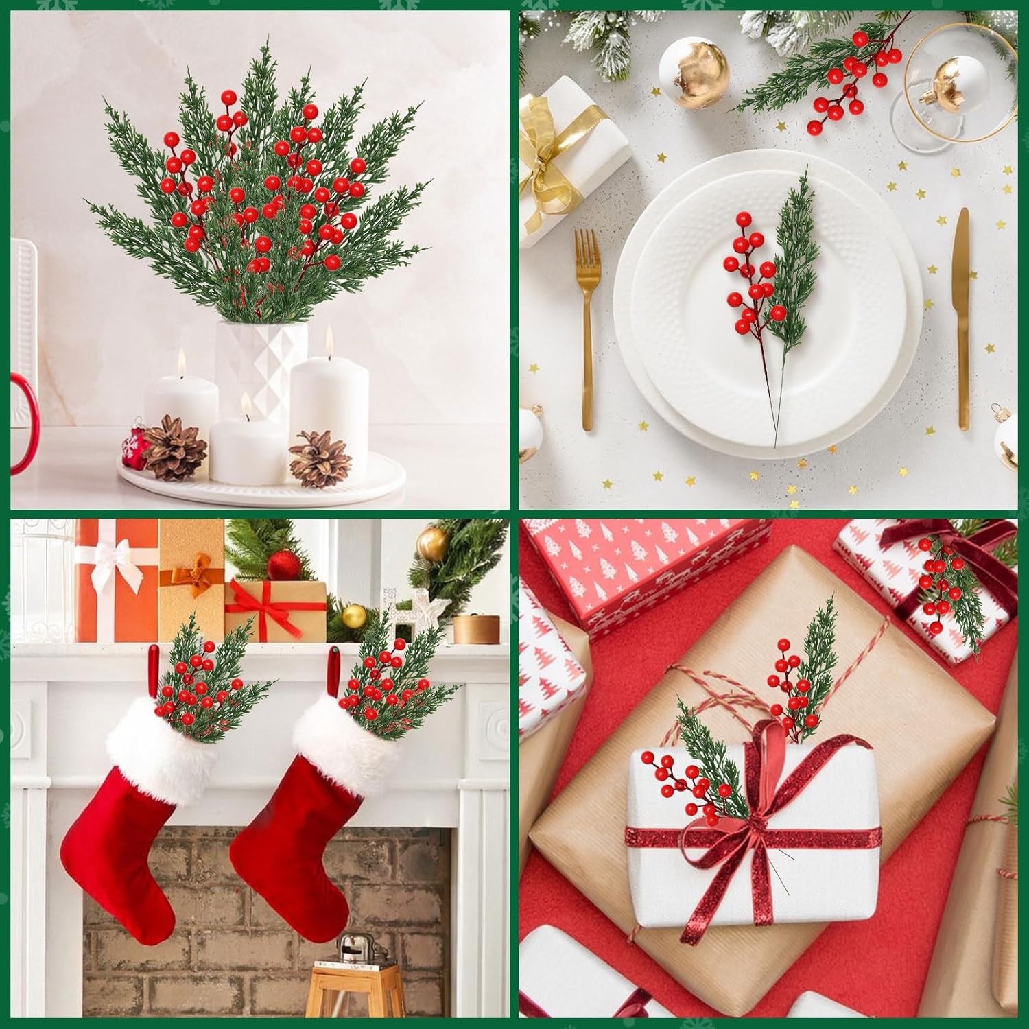 Weldomcor Christmas Artificial Pine Branches 60 Pcs Faux Norfolk Pine Stems with Red Berries, Xmas Fake Greenery Cedar Stems Plants Evergreen Picks DIY Christmas Decorations Holiday Home Table Decor