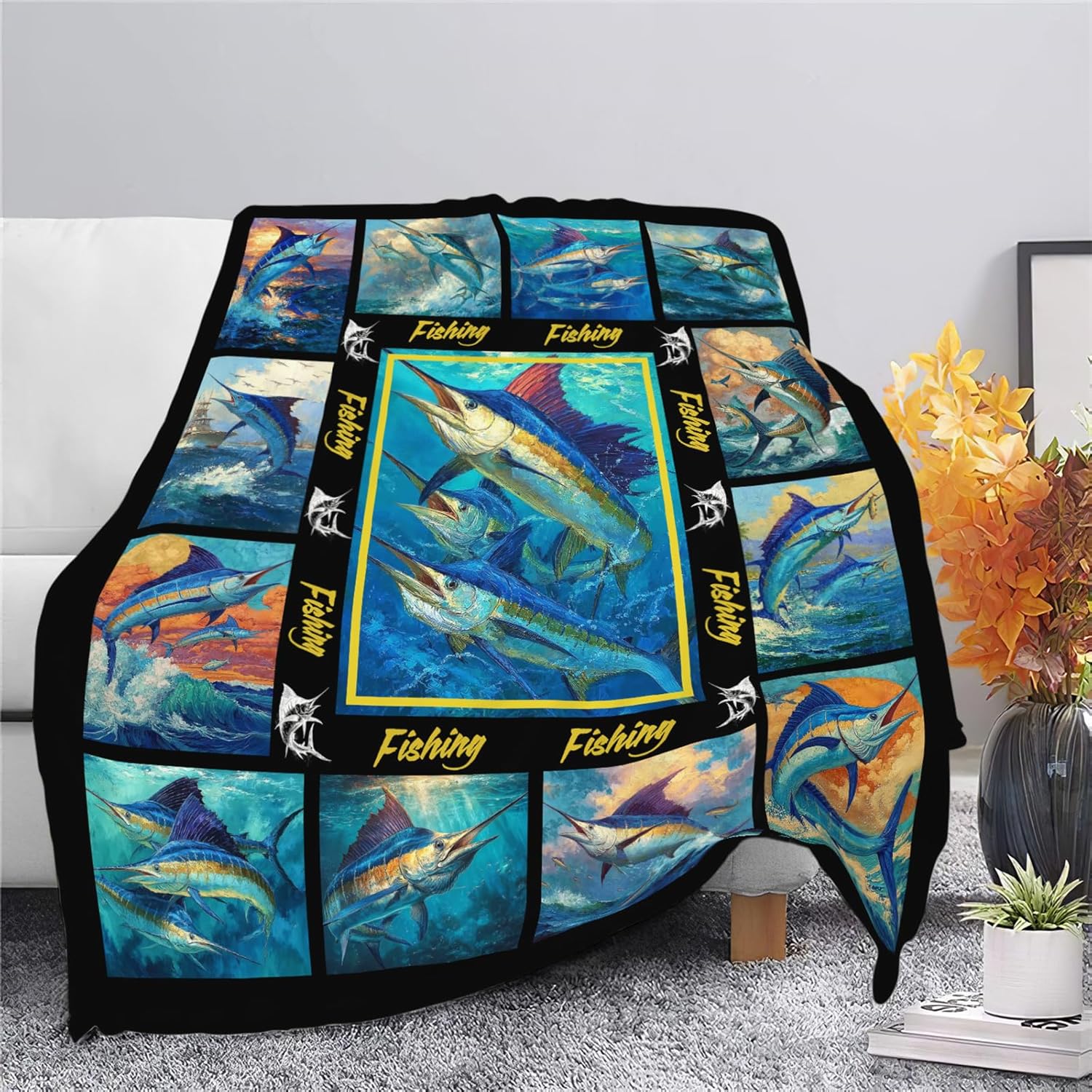 Fish Throw Blanket Fishing Marlin Stuff Gifts for Kids Girls Boys Adults Women Men Soft Cozy Warm Plush Fluffy Fuzzy Fleece Blanket Decor 60''X80''