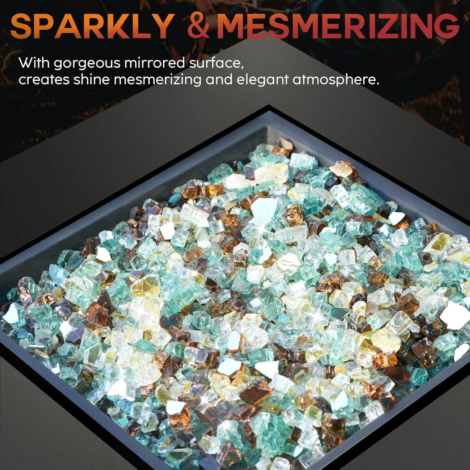 Skyflame 10-Pound Blended Fire Glass for Decorating Fire Pit Fireplace Landscaping - 1/2 Inch Reflective Tempered Fireglass Gold, Light Green, Copper