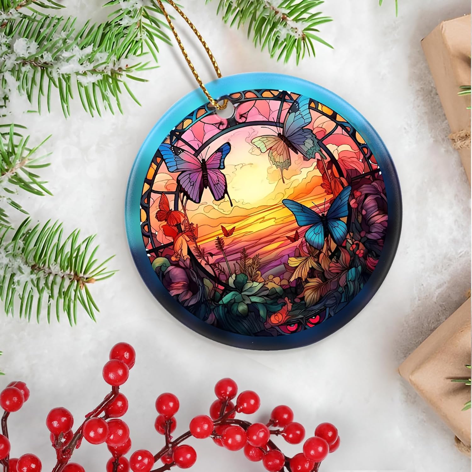 Touber Christmas Ornament, Christmas Decoration, Holiday Present Idea, Heirloom Keepsake, Round Ceramic, Gift Exchange, Gift Idea, Butterfly