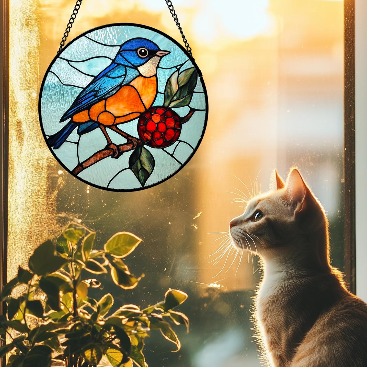 Stained Glass Window Hanging 4 Pcs Set Cardinal Blue Birds 7.8" - Suncatcher Door Garden Sun Catcher Decor Birthday Mother's Day for Bird Lovers Men Woman Nana Friend