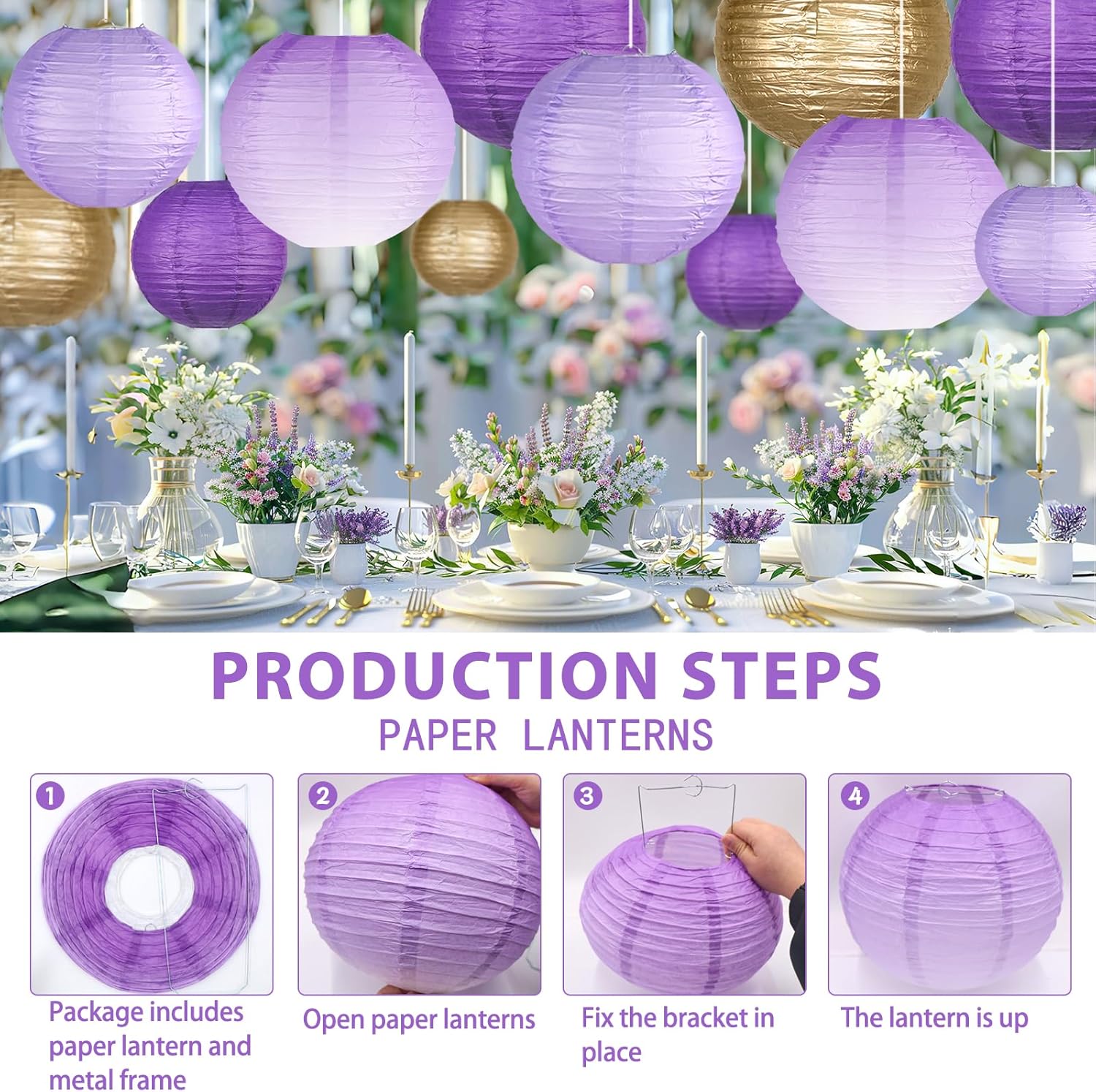 Paper Lanterns Decorative, Gradient Purple Round Hanging Paper Lantern Decorations for Purple Birthday Decorations Bachelorette Gender Neutral Baby Shower, 15Pcs