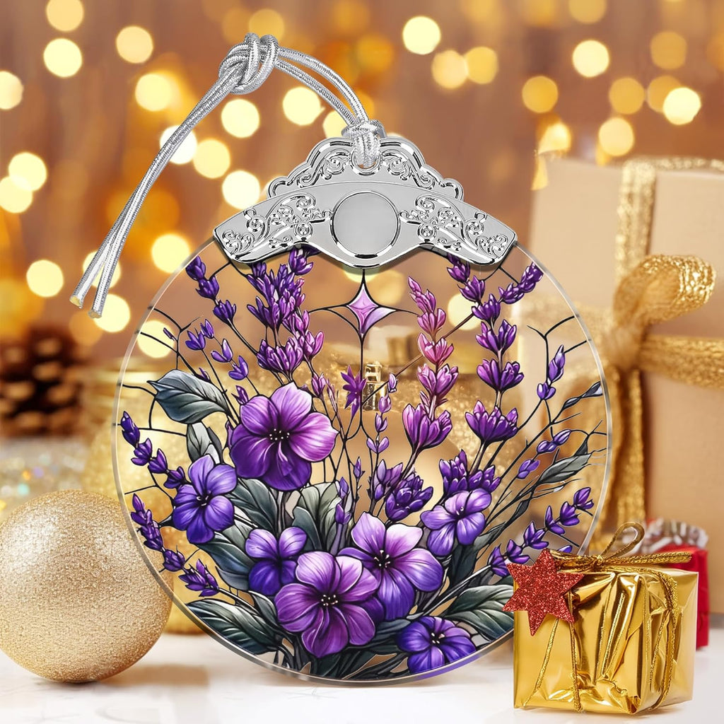 Touber Stained Glass Christmas Ornament, Purple Bauhinia & Violets, 3x3.5 Inch, Hanging, Christmas Tree Decoration