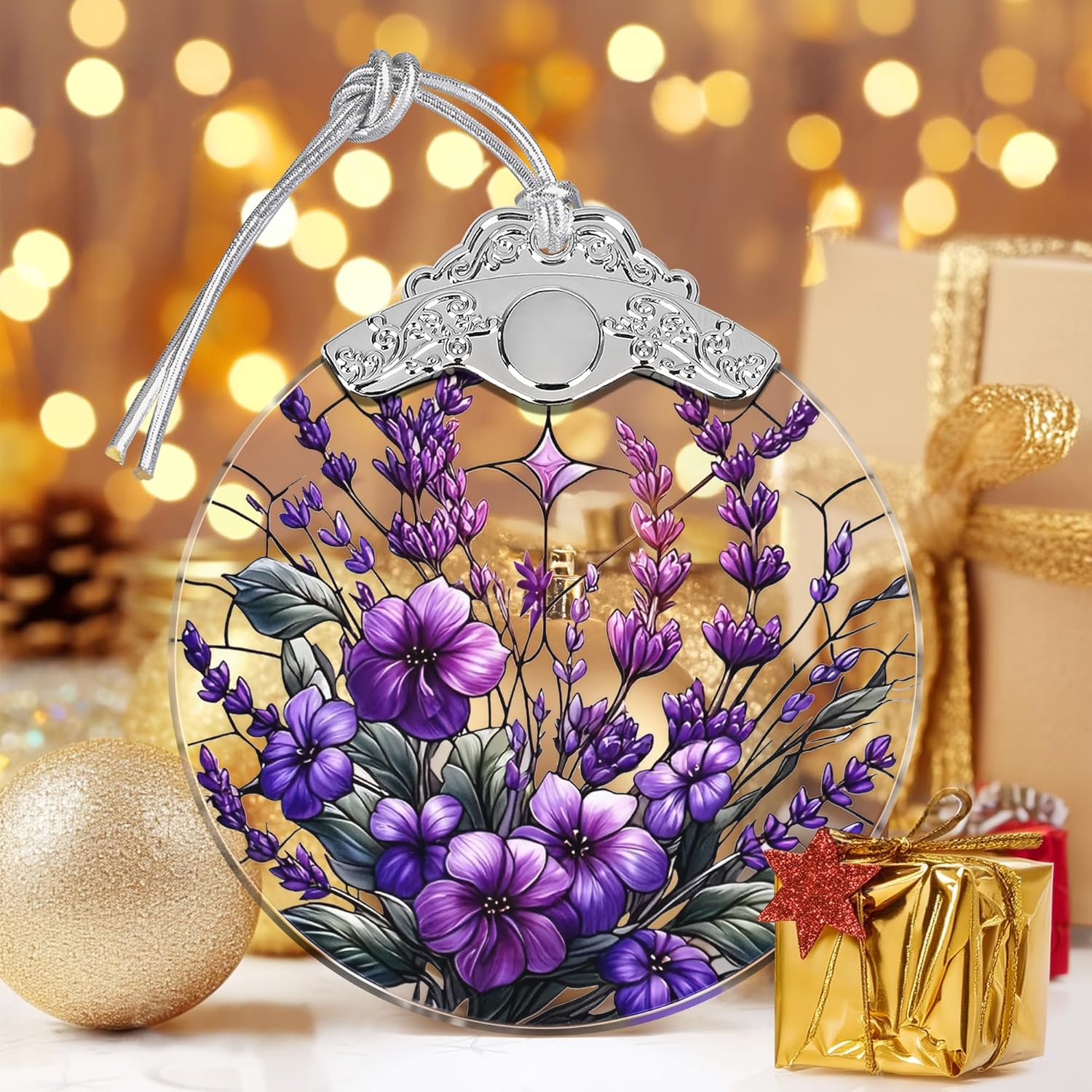 Touber Stained Glass Christmas Ornament, Purple Bauhinia & Violets, 3x3.5 Inch, Hanging, Christmas Tree Decoration