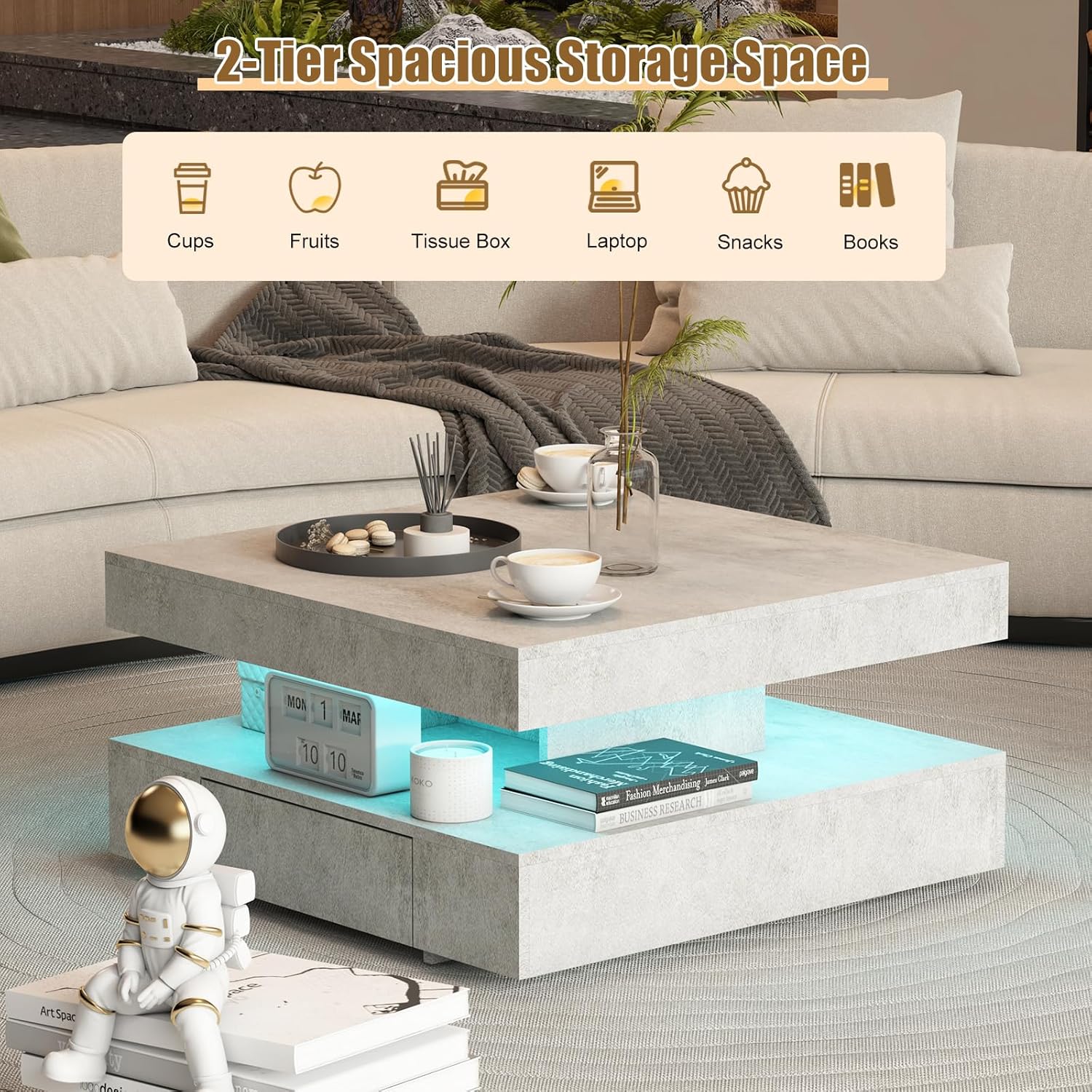 Grey LED Coffee Table with 2 Storage Drawers for Living Room Square Center Middle Table Modern Cocktail Table with Light 2-Tier Tea Tables Contemporary Mid Century Wood Home Office Waiting Room