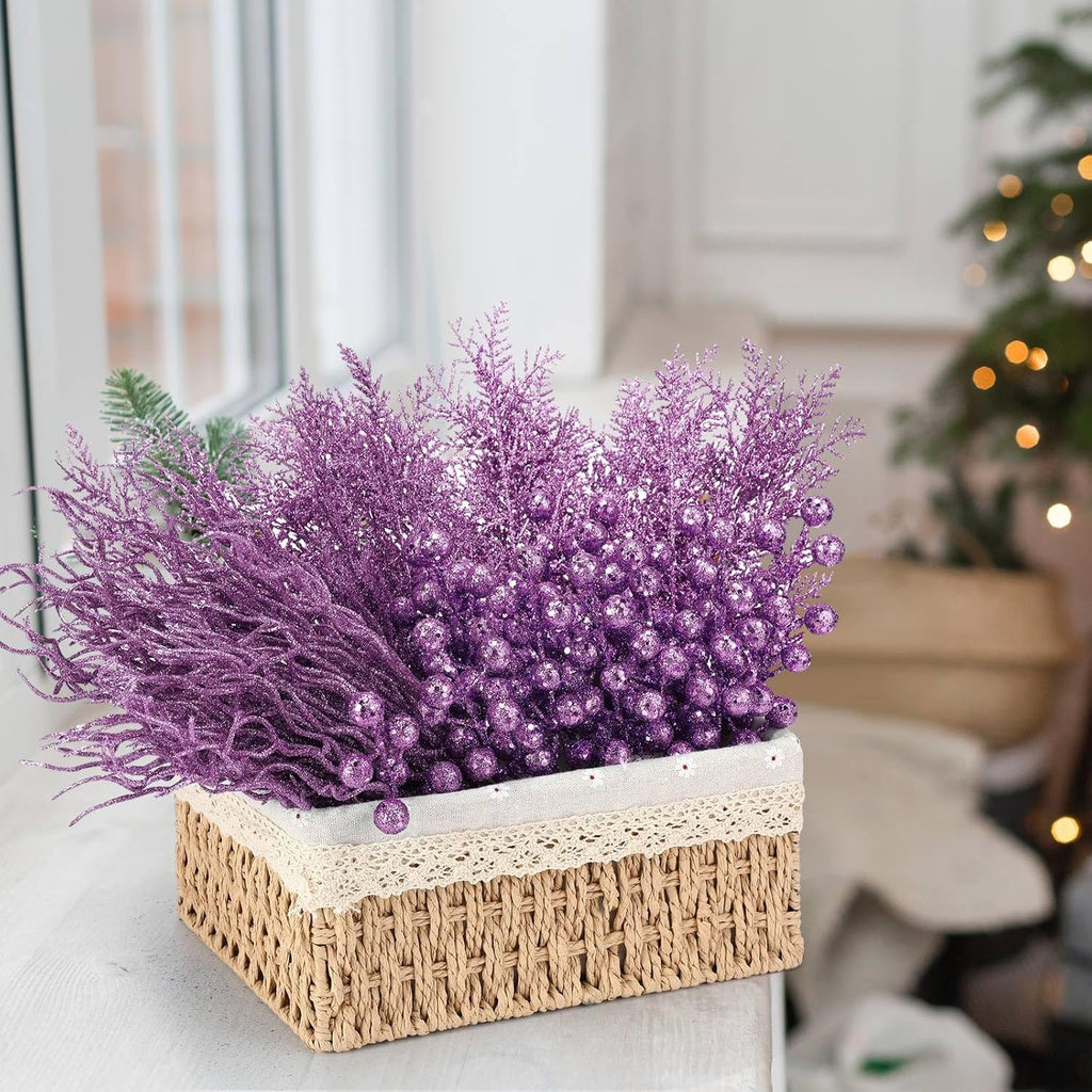75 Pcs Christmas Glitter Branches 3 Styles Artificial Christmas Picks Berries Stems Pine Needles Floral Twig Spray for Xmas Tree Ornaments DIY Wreath Garland(Purple)