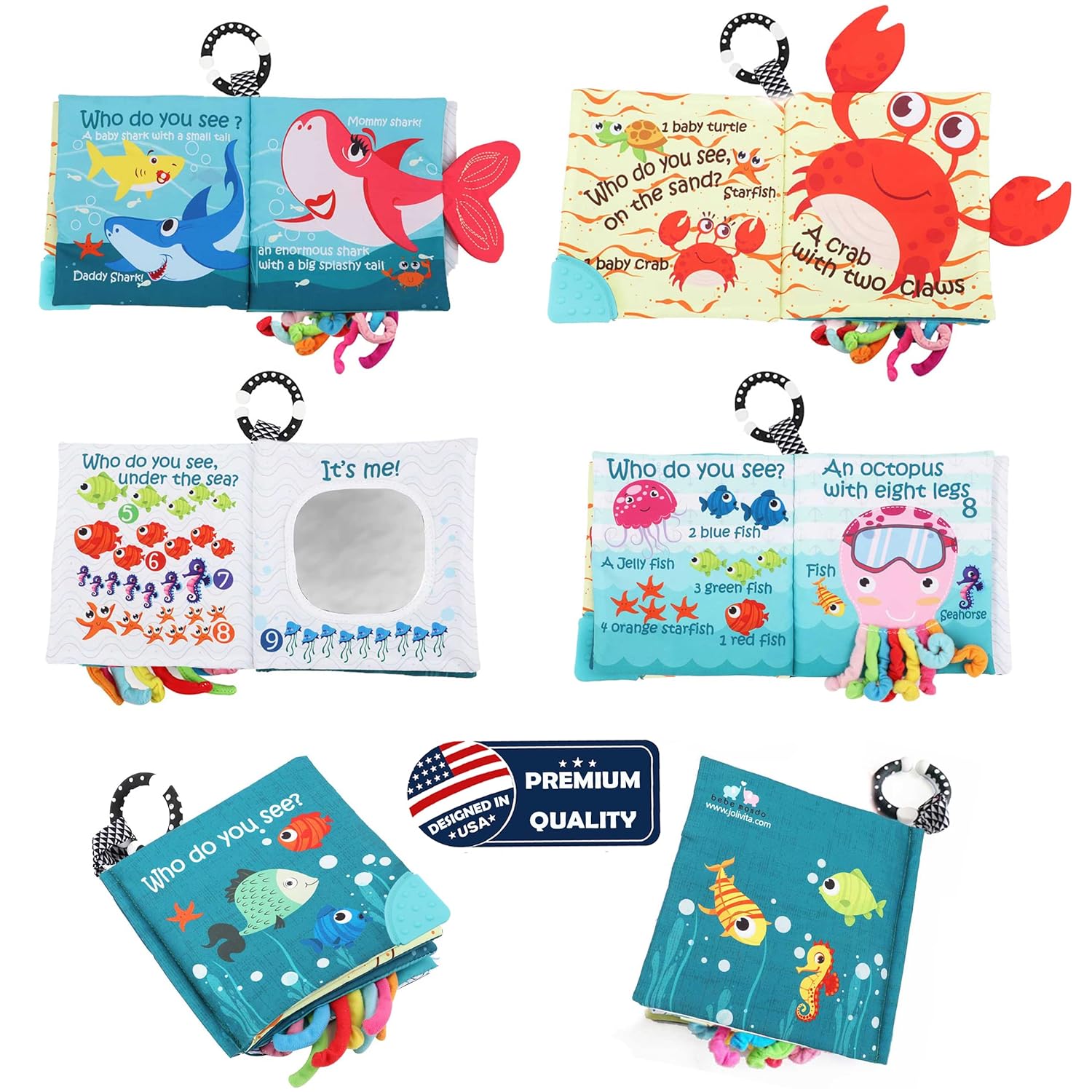 Fish Baby Books Toys, Touch Feel Cloth Crinkle Books for Babies,Baby Infant Toys 0-6, 6-12,12-18 Months,Early Learning Education, Christmas Shower Baby Gifts for Boys Girls,Teething,Mirror,Shark Ocean
