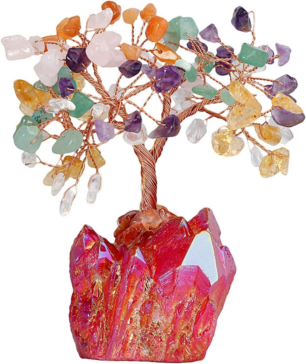 mookaitedecor Colorful Crystal Tree, Quartz Cluster Red Titanium Crystals Base Bonsai Money Tree for Wealth and Luck