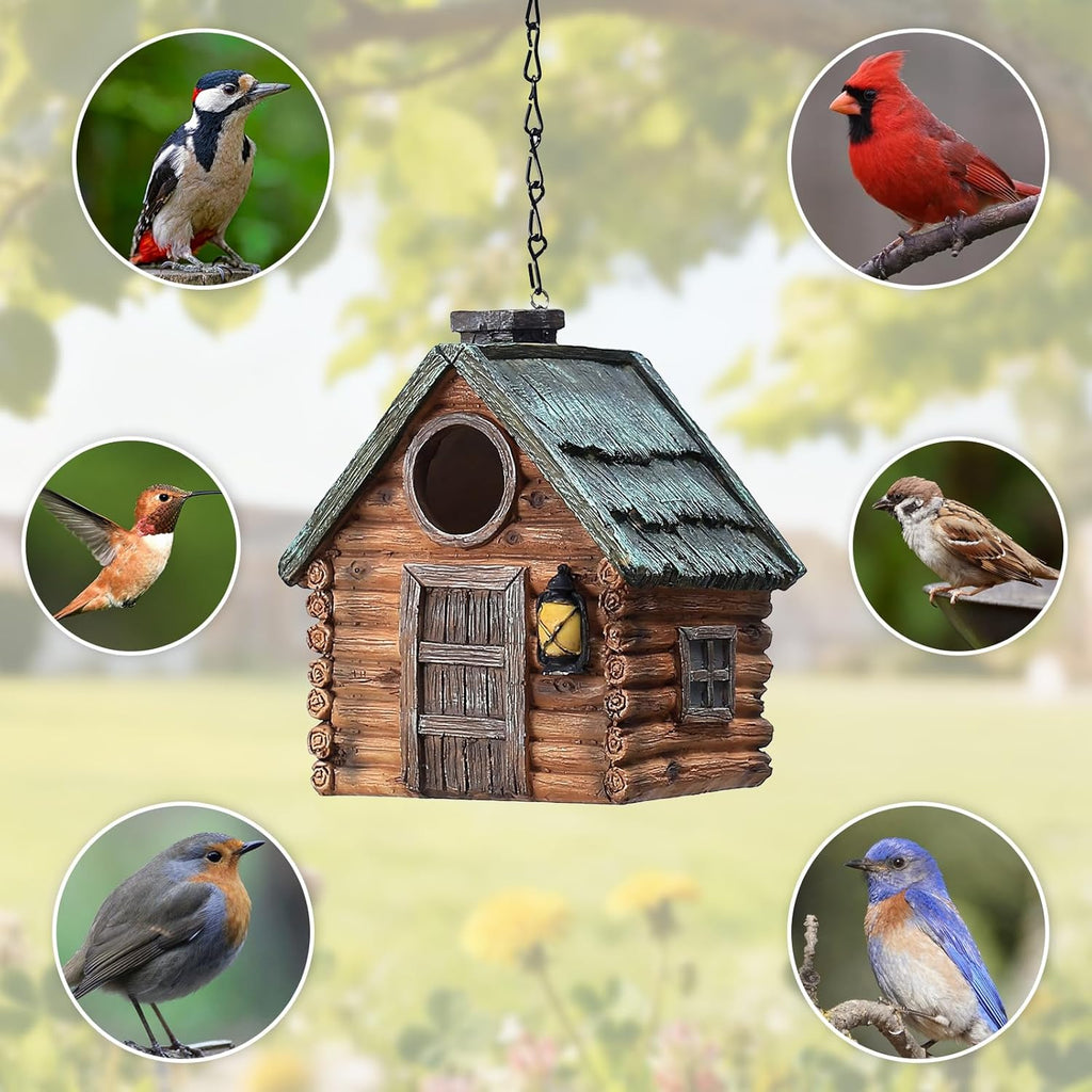 Bird Houses for Outside Real Wood-Look Resin Bird House with Hanging Chain – Waterproof & Durable Forest Bird Houses for Outdoors for Hummingbird Finches Cardinals Bird Nesting Garden, Patio, Yard