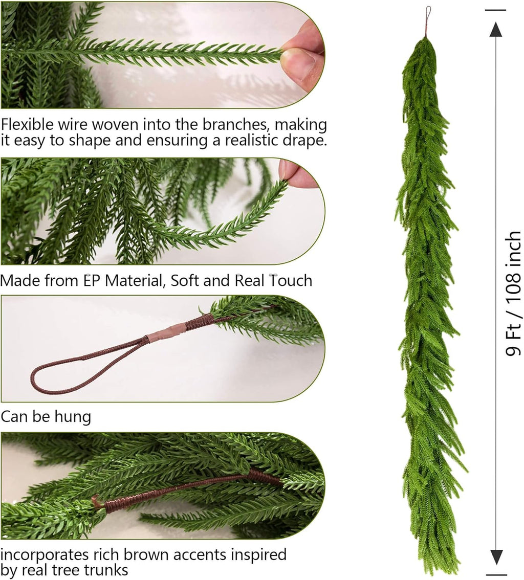 9ft 1pcs Christmas Norfolk Pine Garlands Dense Realistic Artificial Faux Greenery Garland Winter Christmas Garland for Fireplace, Wall, Window, Indoor Outdoor Xmas Decor