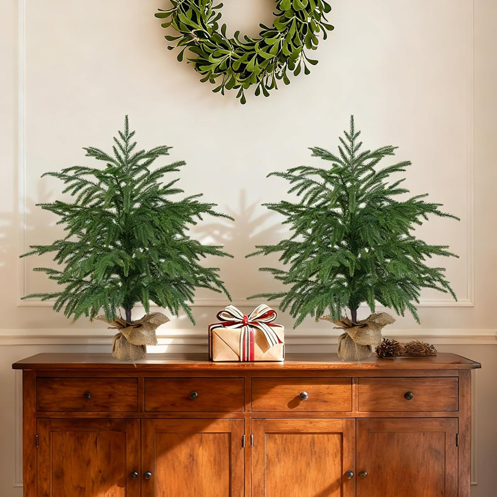 2 Pack 2FT Artificial Norfolk Pine Tree with Pot - UV Protection Faux Tree Fake Plants with PE Branch for Indoor Outdoor Home Front Porch Christmas Decor