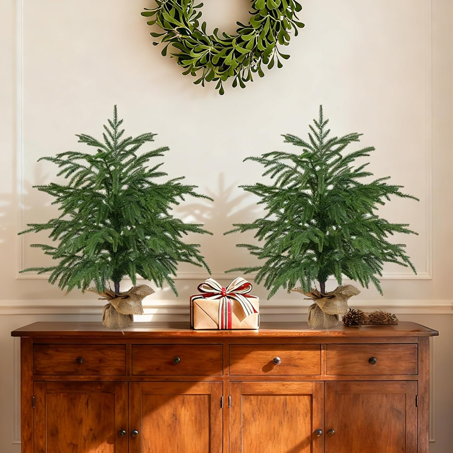 2 Pack 2FT Artificial Norfolk Pine Tree with Pot - UV Protection Faux Tree Fake Plants with PE Branch for Indoor Outdoor Home Front Porch Christmas Decor