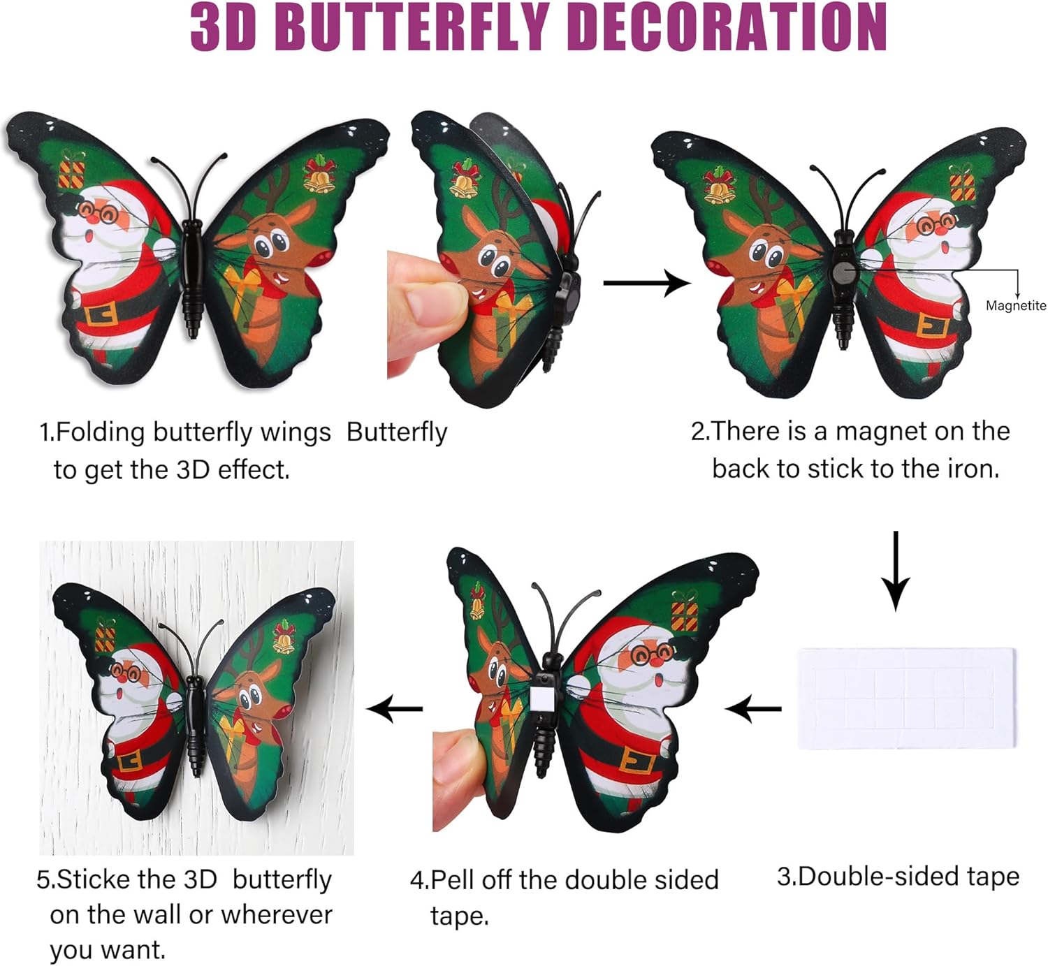 LiveGallery 72 PCS 6 Colors Removable 3D Merry Christmas DIY Beautiful Butterfly Wall Decals Colorful Santa Claus, snowmen, snowflakes, elk Butterflies Art Decor Wall Stickers Murals for Kids Baby Boy