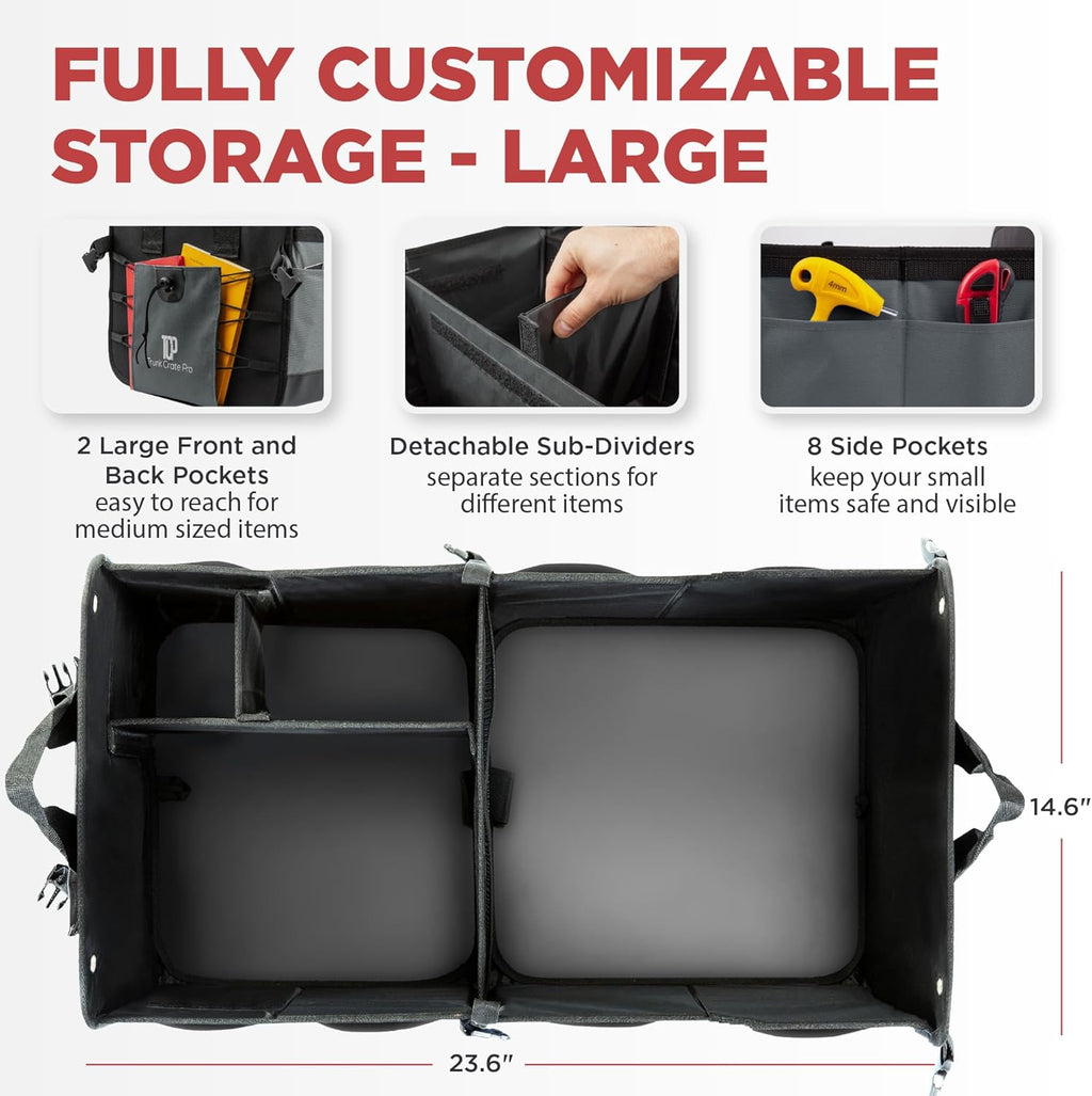 TRUNKCRATEPRO Trunk Organizer For Car, Suv, Truck | Premium Adjustable Multi Compartments Collapsible Car Trunk Organizer With Securing Straps & Non-Slip Bottom (Large Size, Grey)
