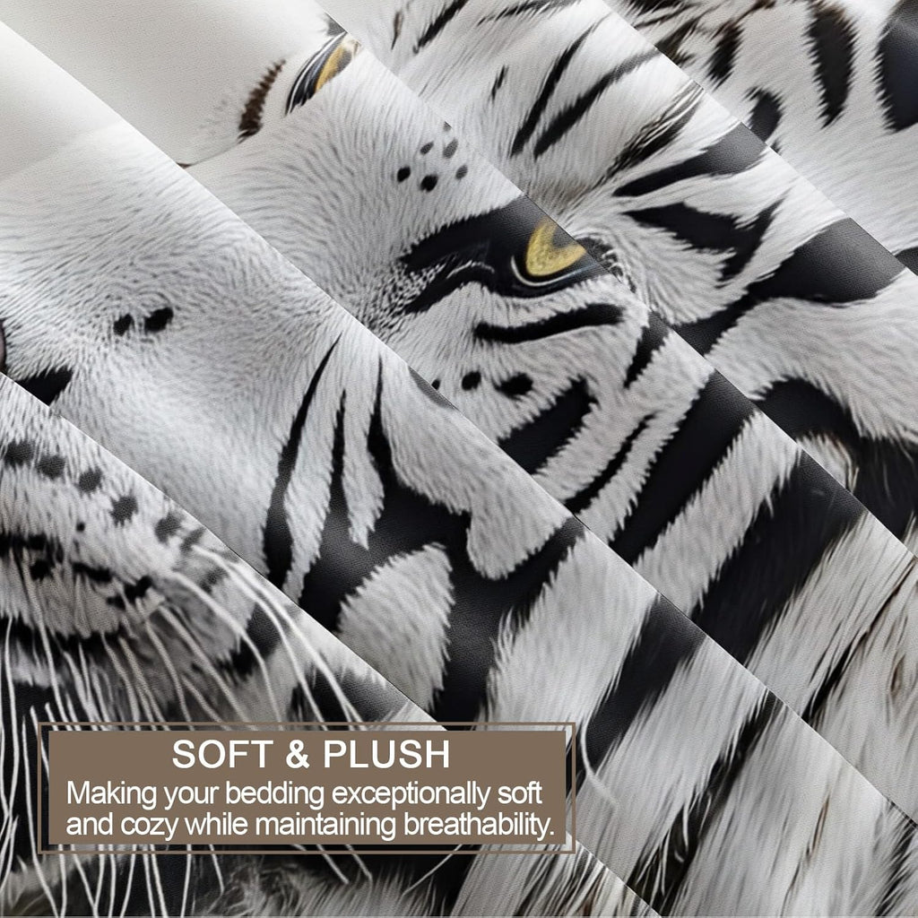 White Tiger Duvet Cover Queen Size, Wild Nature Predator Tiger Bedding Set 3 Piece Bedroom Decor Black White Comforter Cover with Zipper Ties & 2 Pillowcases