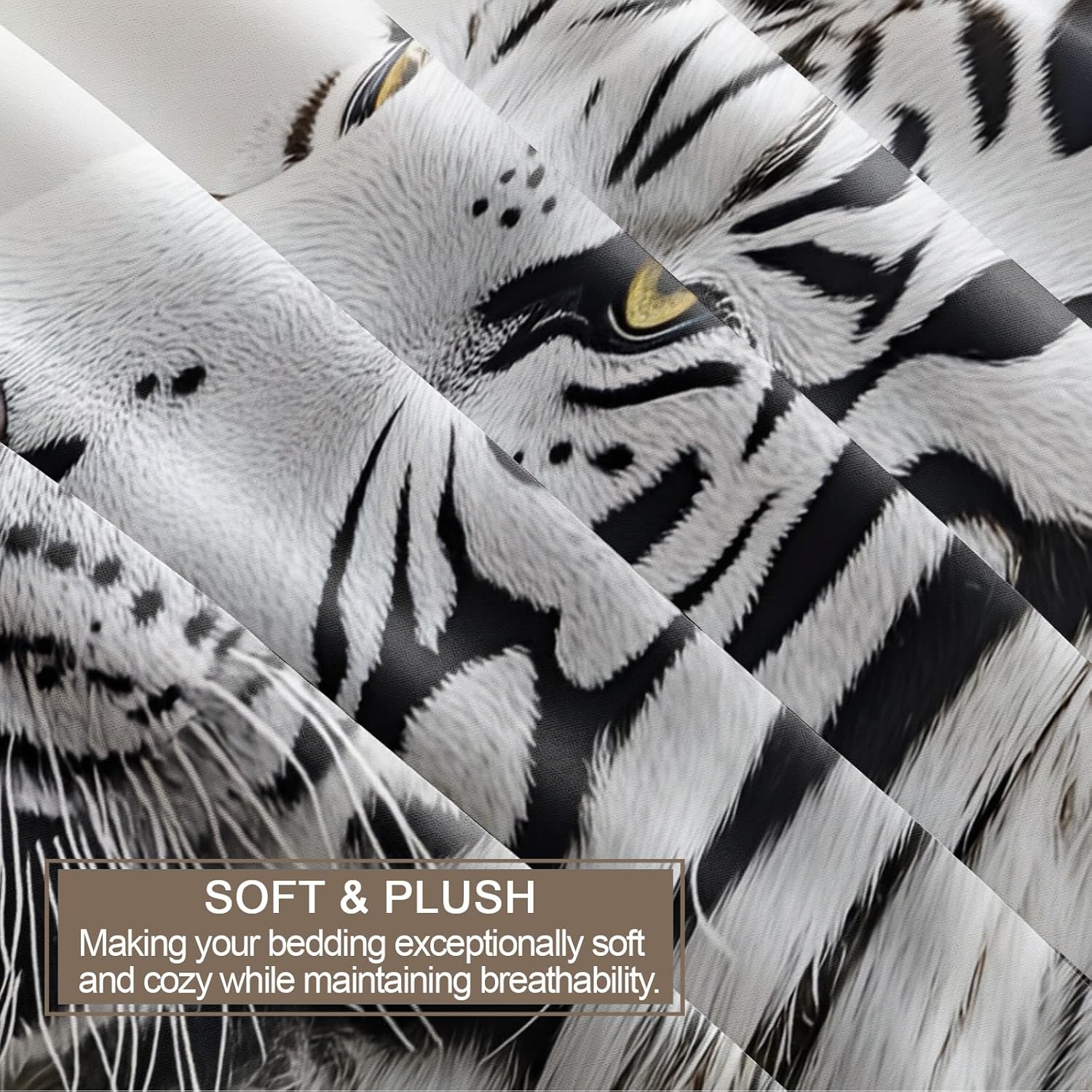 White Tiger Duvet Cover Queen Size, Wild Nature Predator Tiger Bedding Set 3 Piece Bedroom Decor Black White Comforter Cover with Zipper Ties & 2 Pillowcases