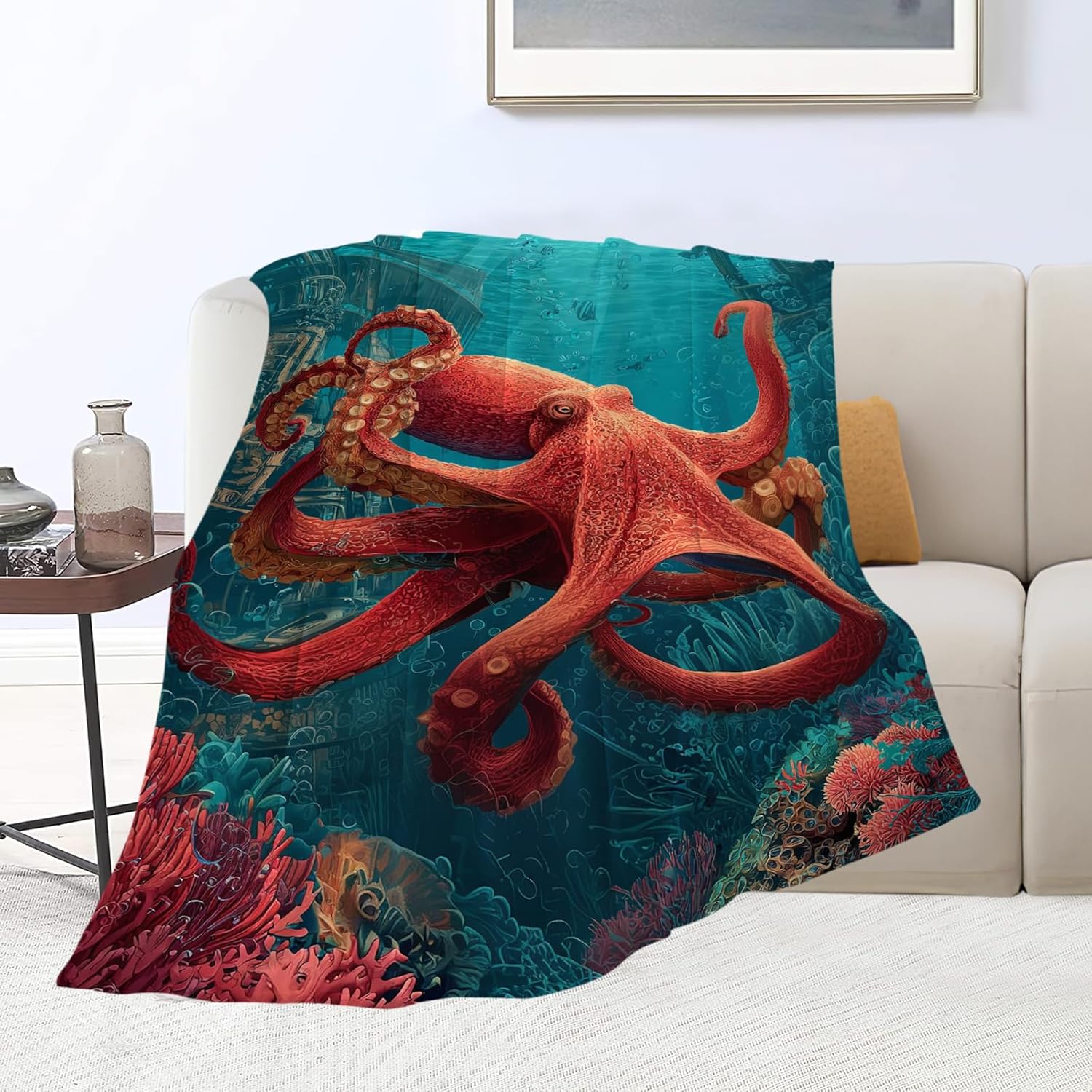 Ocean Octopus Blanket Coral Marine Life Animal Throw Blankets Gifts for Girls Boys Kids Octopus Lover Soft Cozy Fleece Plush for Couch Sofa Bed 80"x60"